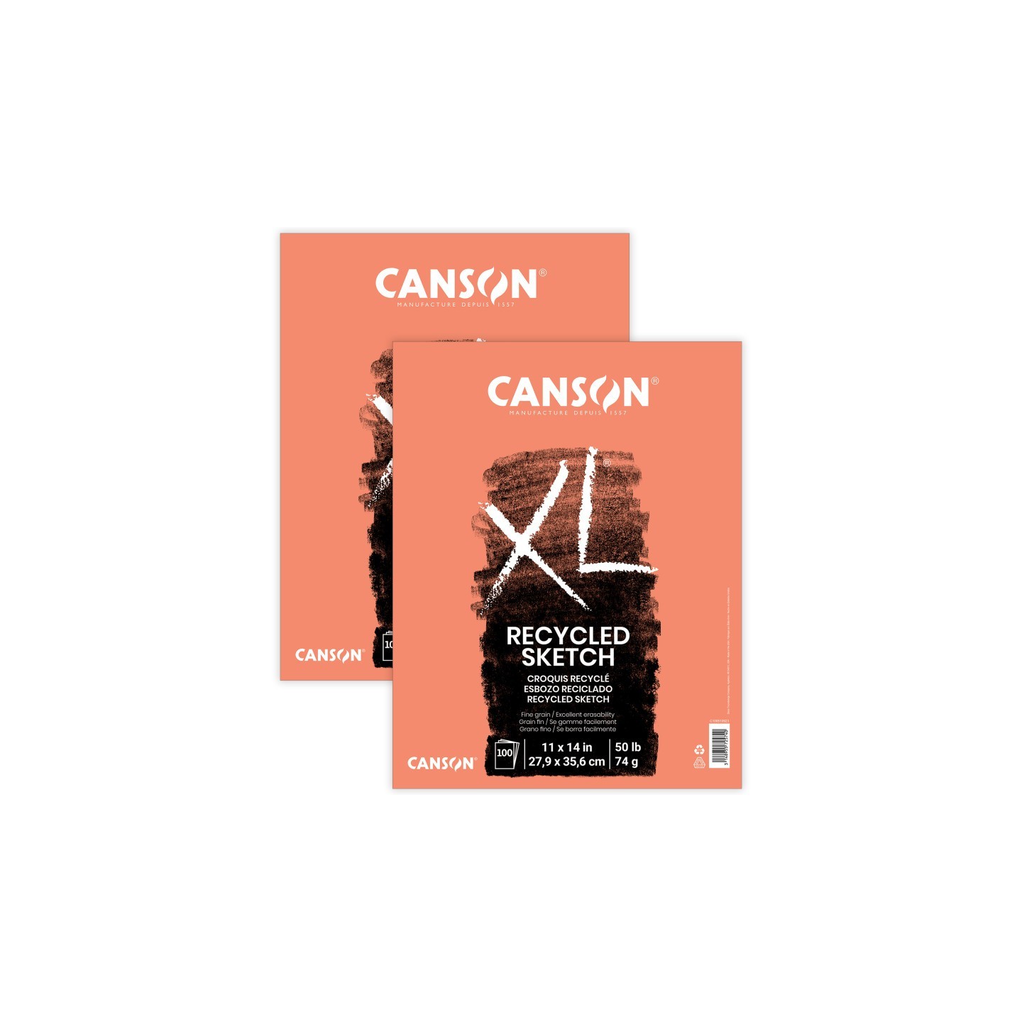 Canson XL Series Sketch Pad, Recycled, Foldover Binding, 100 Sheet, 11x14 inch, Pack of 2