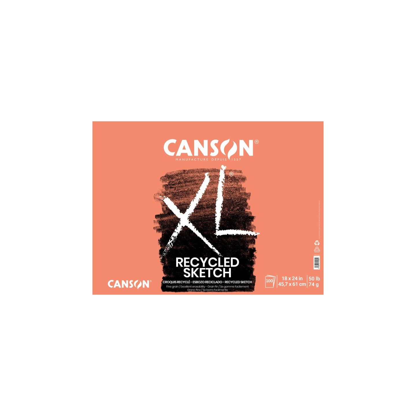 Canson XL Series Sketch Pad, Recycled, Foldover Binding, 100 Sheet, 18x24 inch, 1 Count