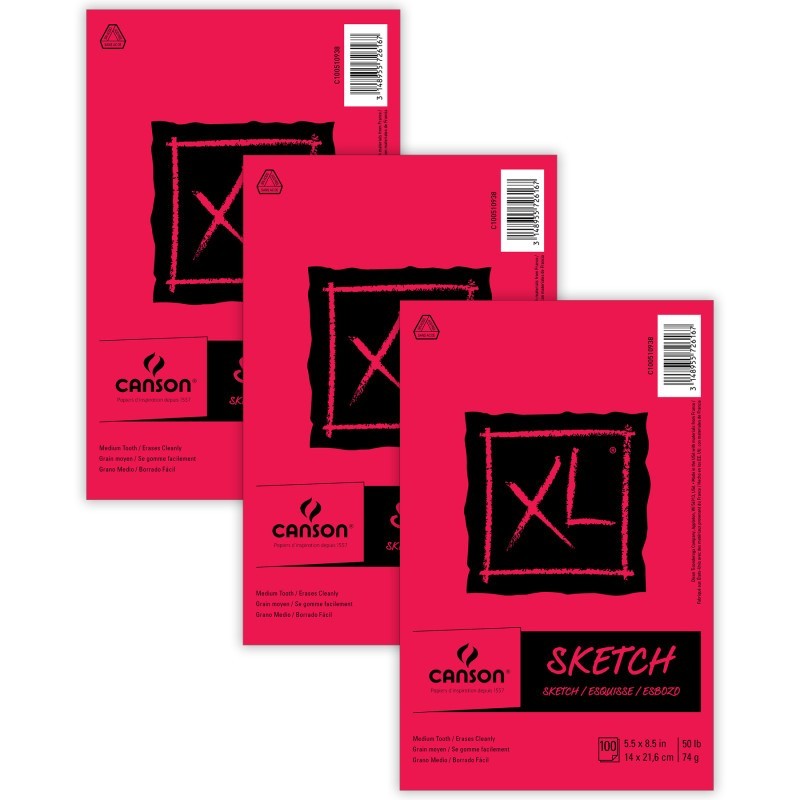 Canson XL Series Sketch Pad, Foldover Binding, 100 Sheet, 5.5x8.5 inch, Pack of 3