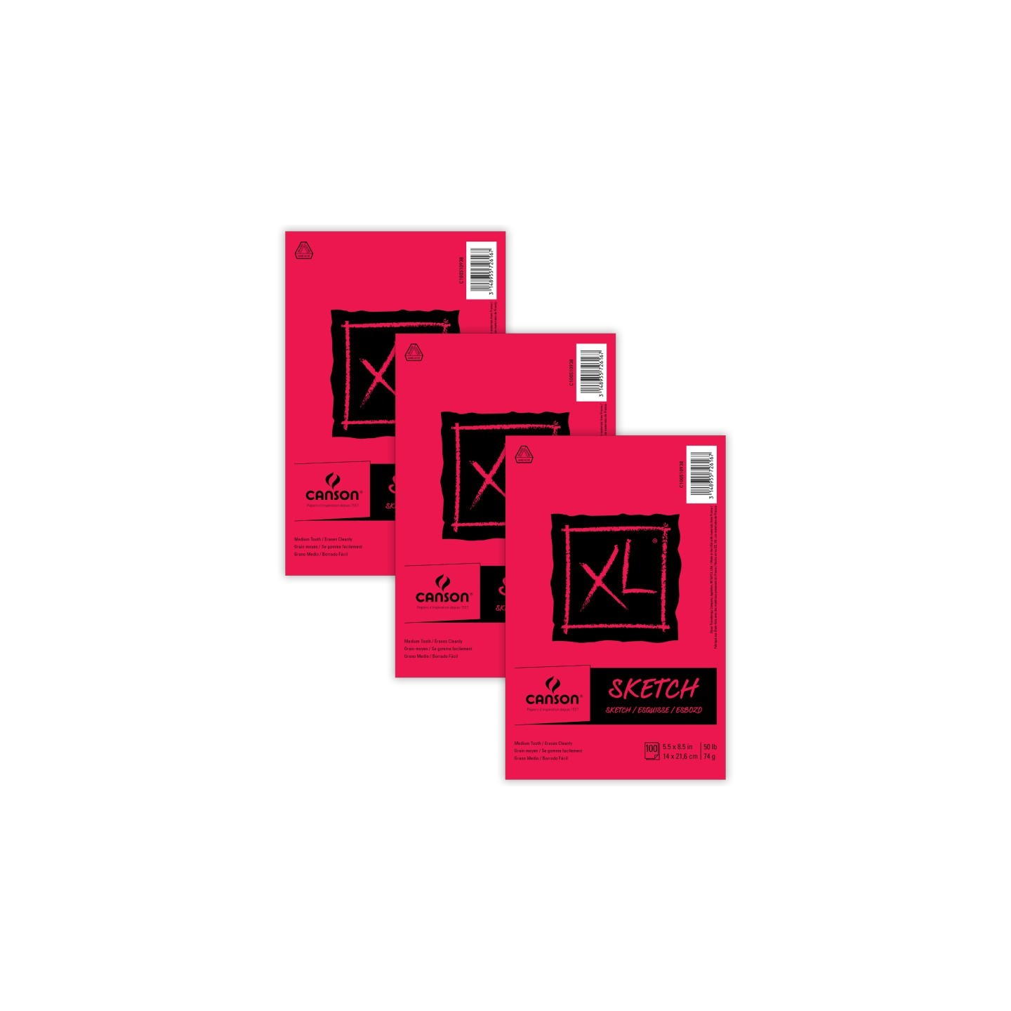 Canson XL Series Sketch Pad, Foldover Binding, 100 Sheet, 5.5x8.5 inch, Pack of 3