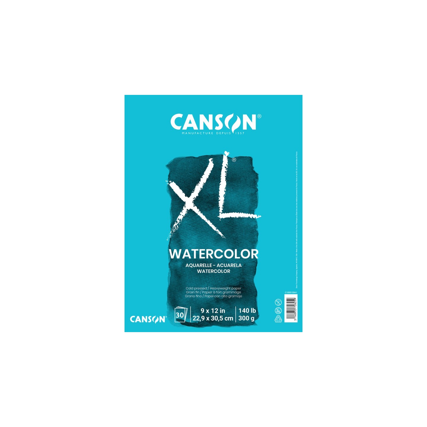 Canson XL Series Watercolor Pad, Heavyweight White Paper, Foldover Binding, 30 Sheets, 9x12 inch