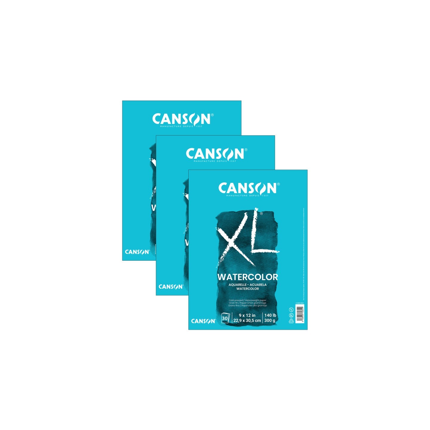 Canson XL Series Watercolor Pad, Heavyweight White Paper, Foldover Binding, 30 Sheets, 9x12 inch, Pack of 3