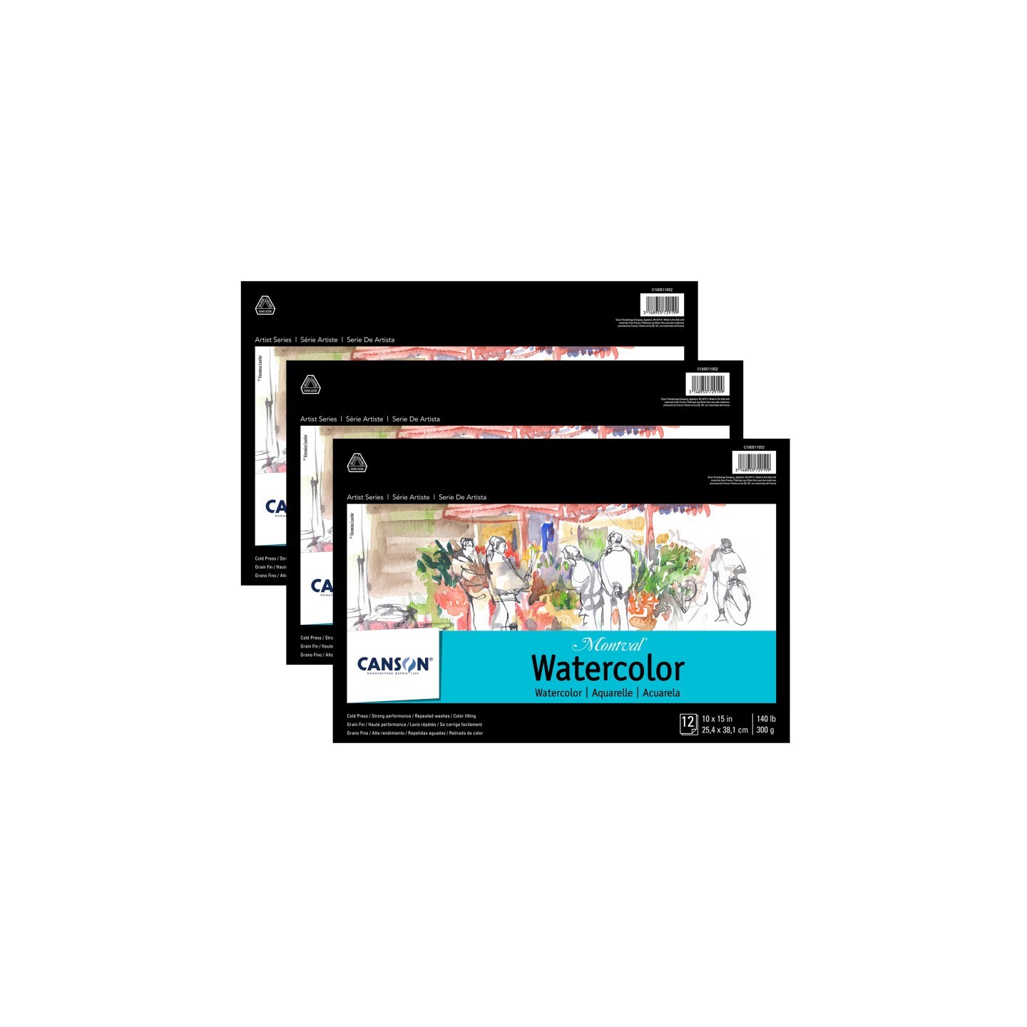 Canson Artist Series Montval Watercolor Pad, Foldover Binding, Foldover Binding, 12 Sheet, 10x15 inch, Pack of 3