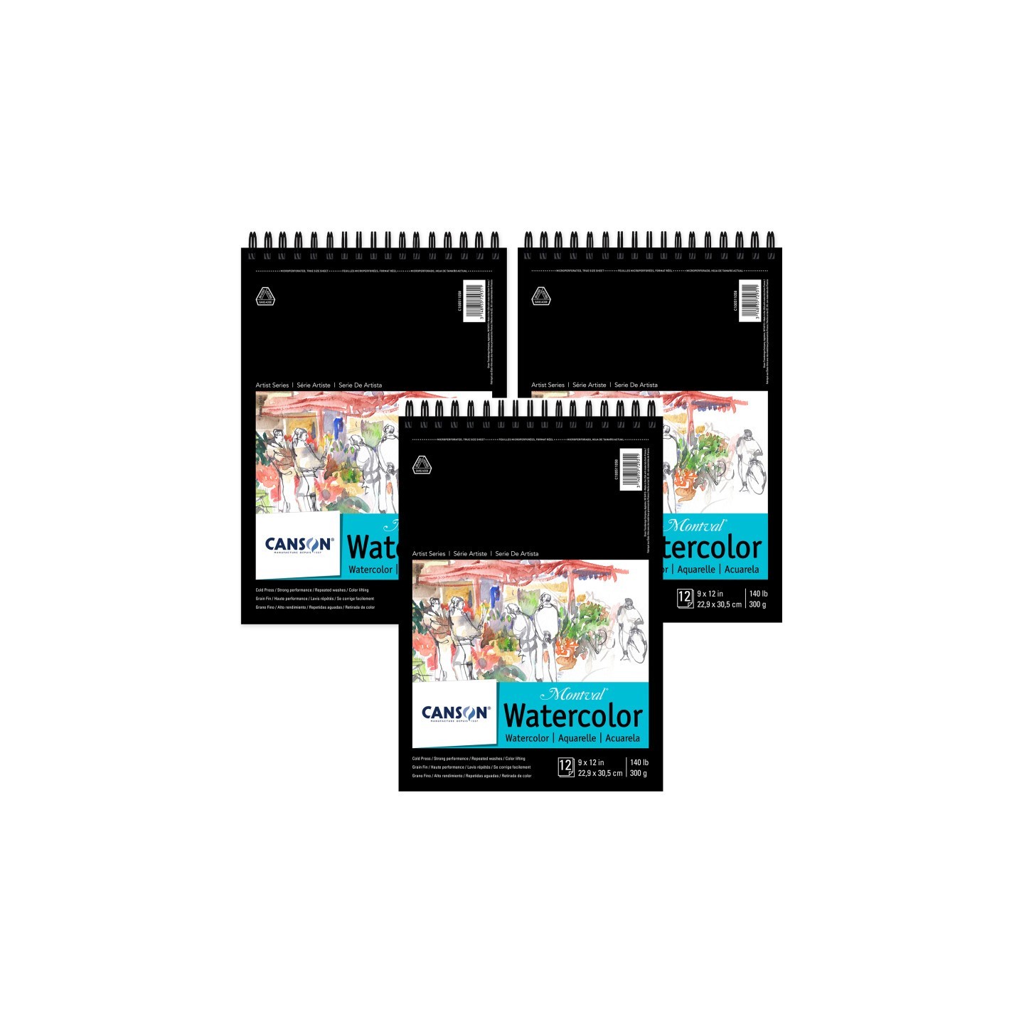 Canson Artist Series Montval Watercolor Pad, Top Wire Binding, 12 Sheet, 9x12 inch, Pack of 3