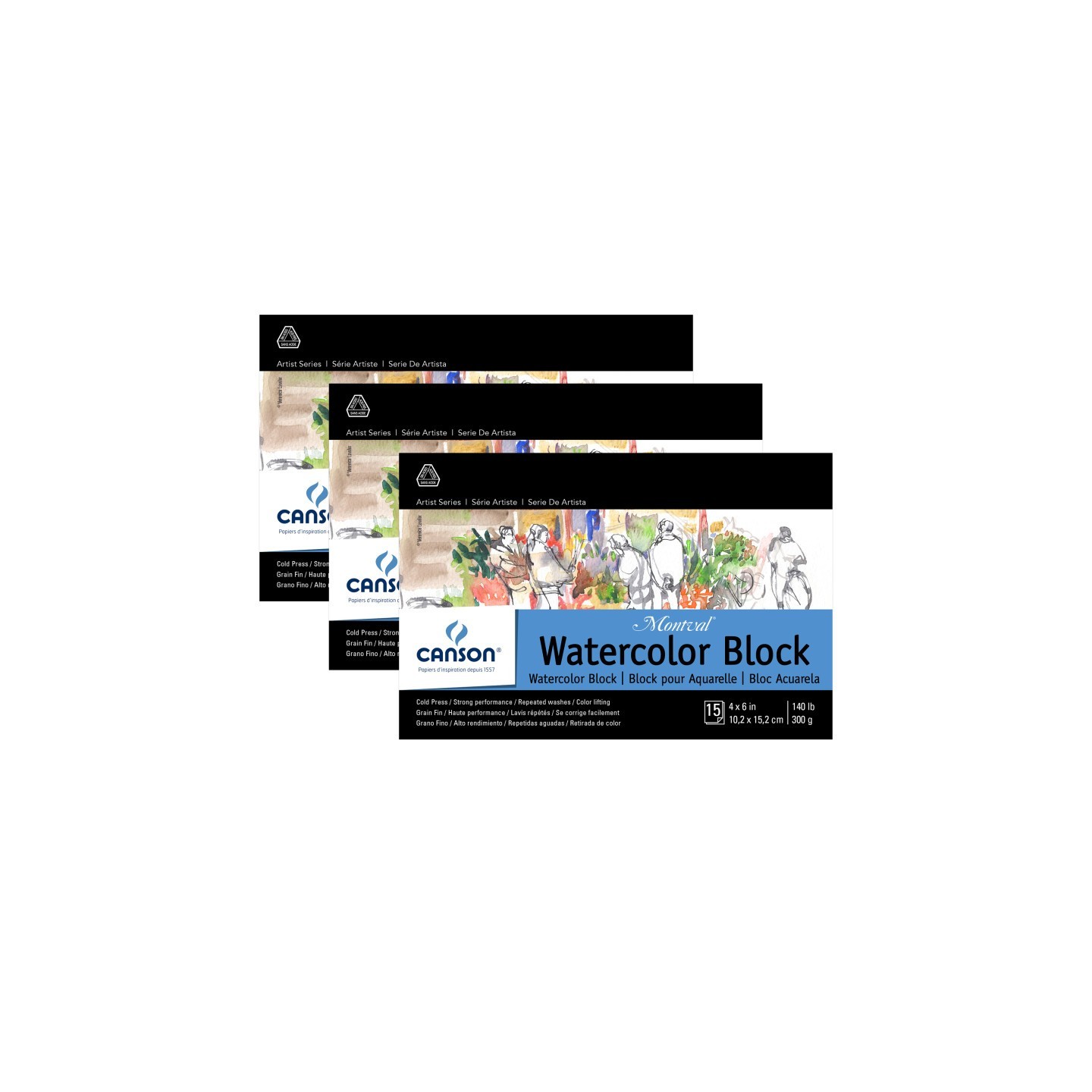 Canson Artist Series Montval Watercolor Block, Foldover Binding, 15 Sheet, 4x6 inch, Pack of 3