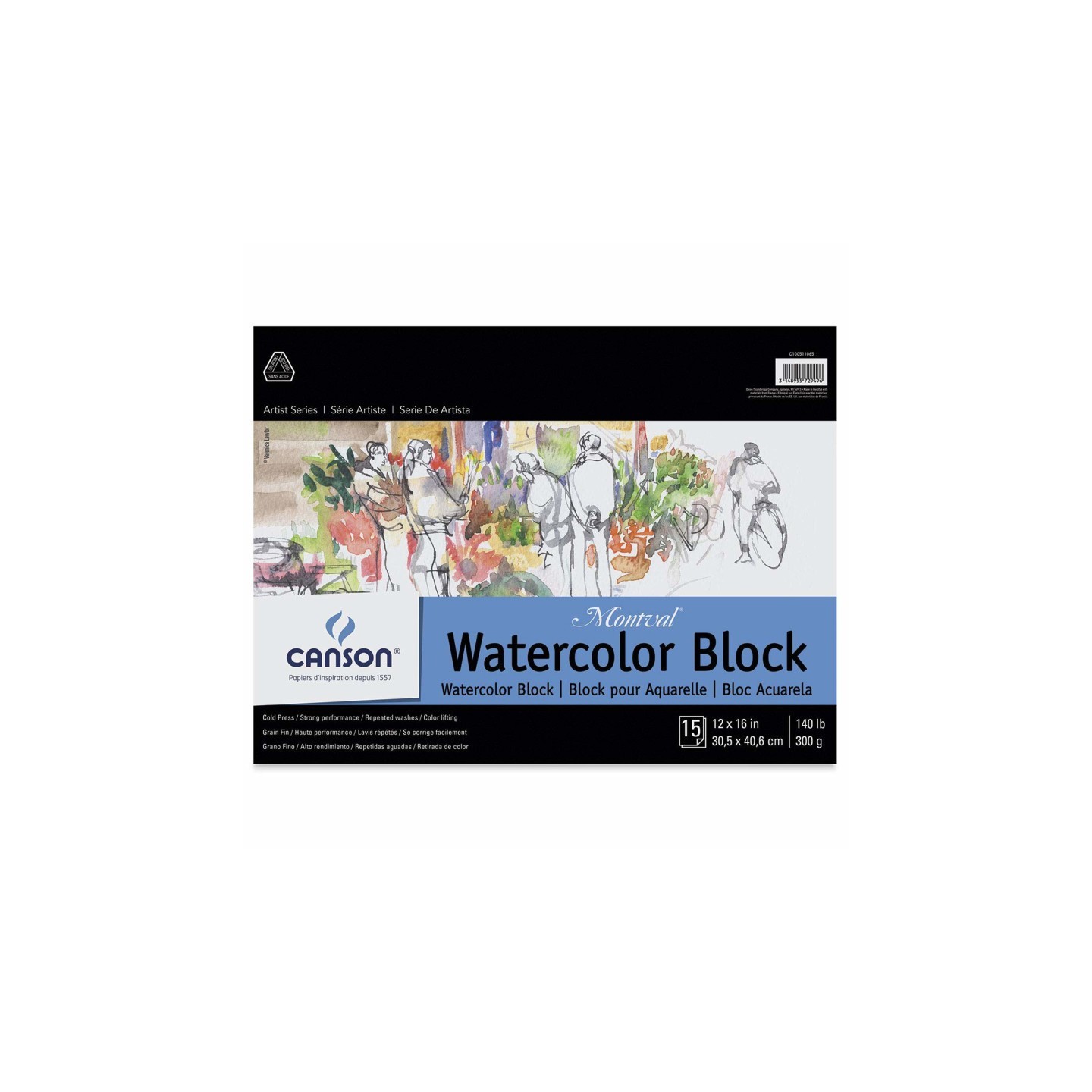 Canson Artist Series Montval Watercolor Block, Foldover Binding, 15 Sheet, 12x16 inch, 1 Count
