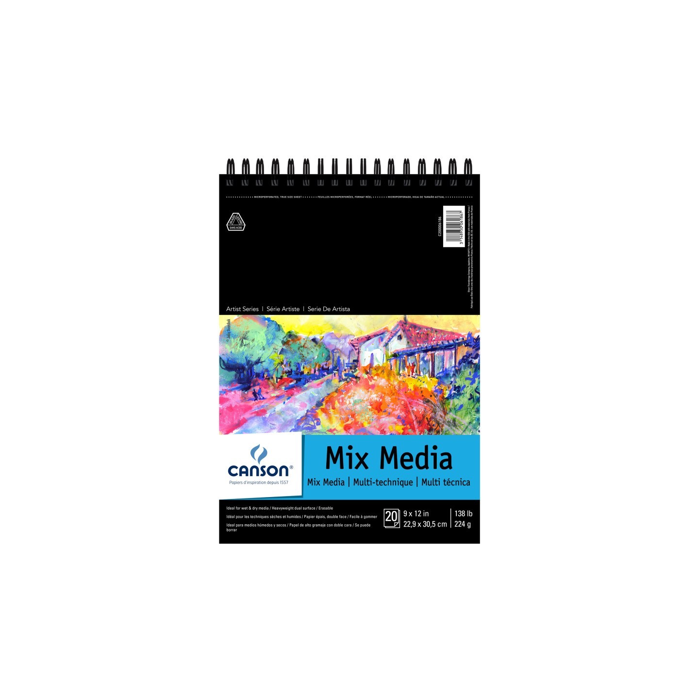 Canson Artist Series Mixed Media Pad, Top Wire Binding, 20 Sheet, 9x12 inch, 1 Count