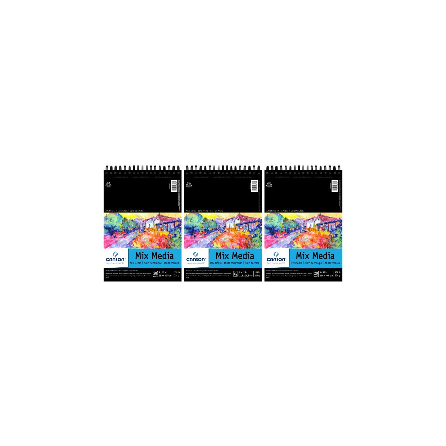 Canson Artist Series Mixed Media Pad, Top Wire Binding, 20 Sheet, 9x12 inch, Pack of 3