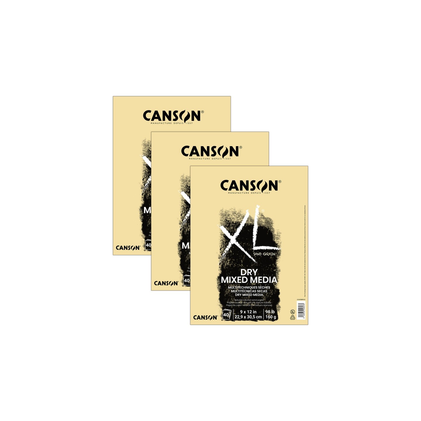 Canson XL Series Mixed Media Pad, Natural Tone, Foldover Binding, 10 Sheet, 9x12 inch, Pack of 3