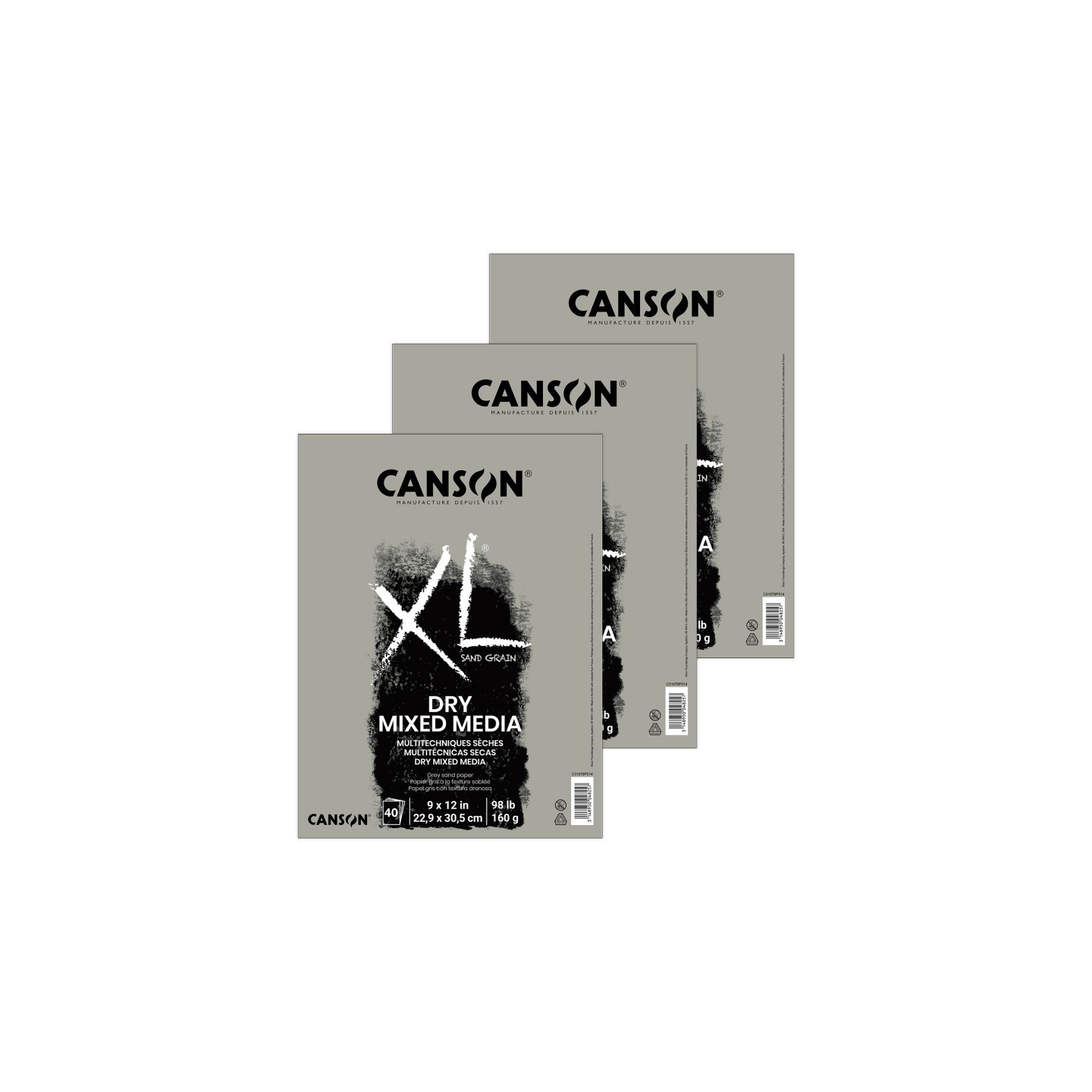 Canson XL Series Mixed Media Pad, Toned Gray, Foldover Binding, 10 Sheet, 9x12 inch, Pack of 3