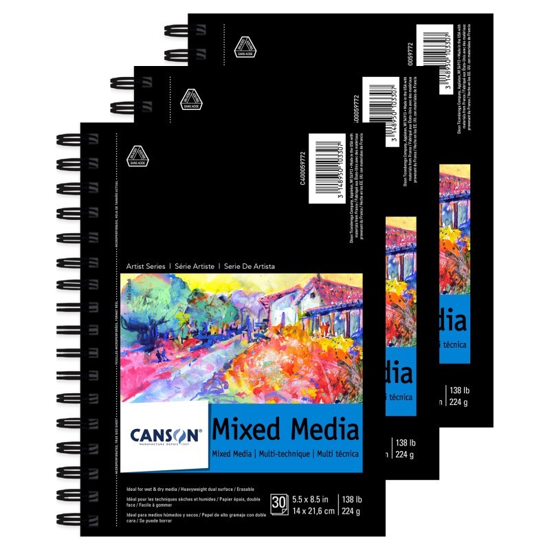 Canson Artist Series Mixed Media Pad, Side Wire Binding, 30 Sheet, 5.5x8.5 inch, Pack of 3