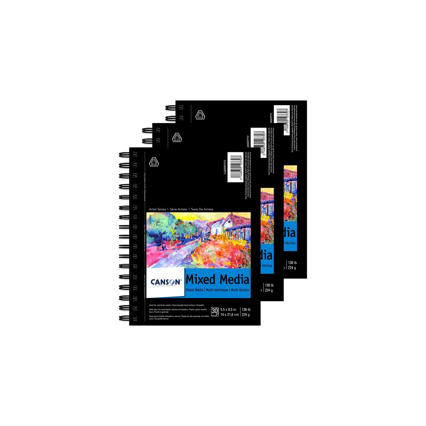 Canson Artist Series Mixed Media Pad, Side Wire Binding, 30 Sheet, 5.5x8.5 inch, Pack of 3