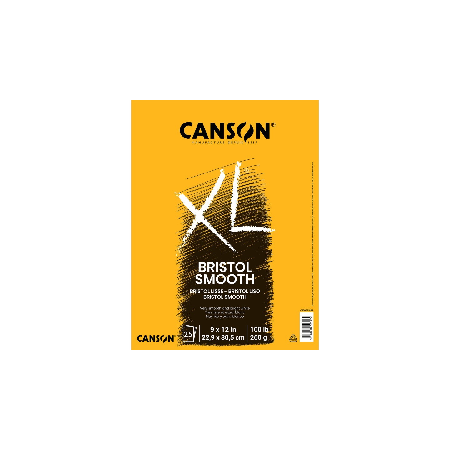 Canson XL Series Bristol Pad, Smooth Finish, Foldover Binding, 25 Sheet, 9x12 inch, 1 Count