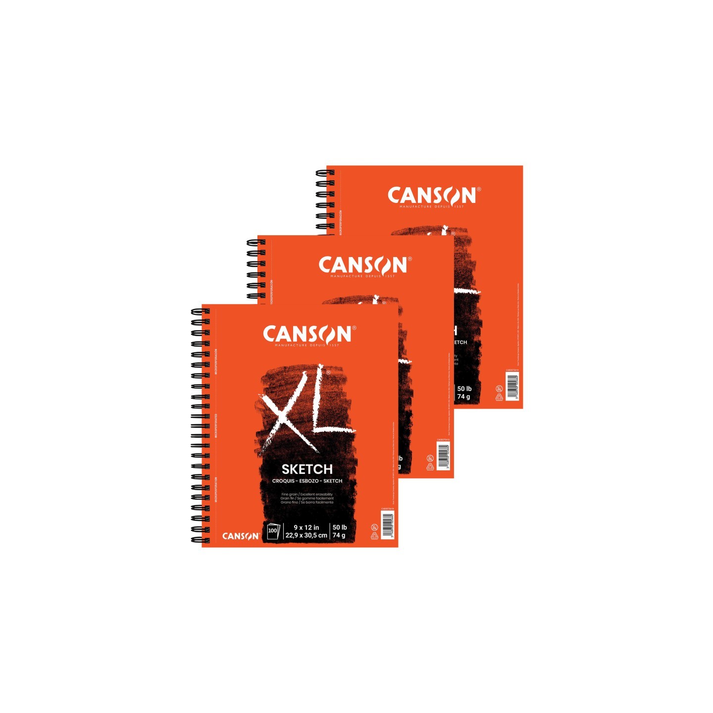 Canson XL Series Sketch Pad, Side Wire Binding, 100 Sheet, 9x12 inch, Pack of 3