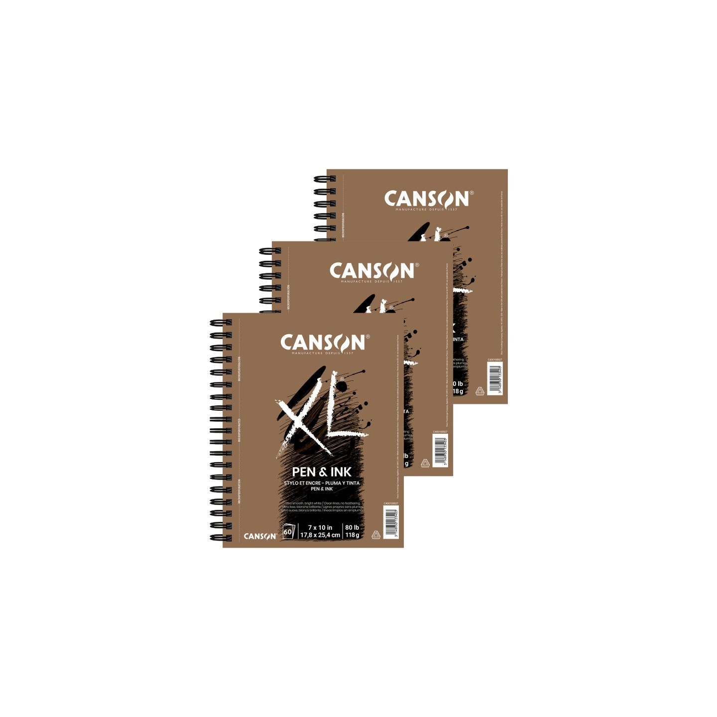 Canson XL Series Pen & Ink Pad, Side Wire Binding, 60 Sheet, 7x10 inch, Pack of 3