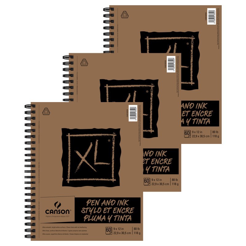 Canson XL Series Pen & Ink Pad, Side Wire Binding, 60 Sheet, 9X12 inch, Pack of 3