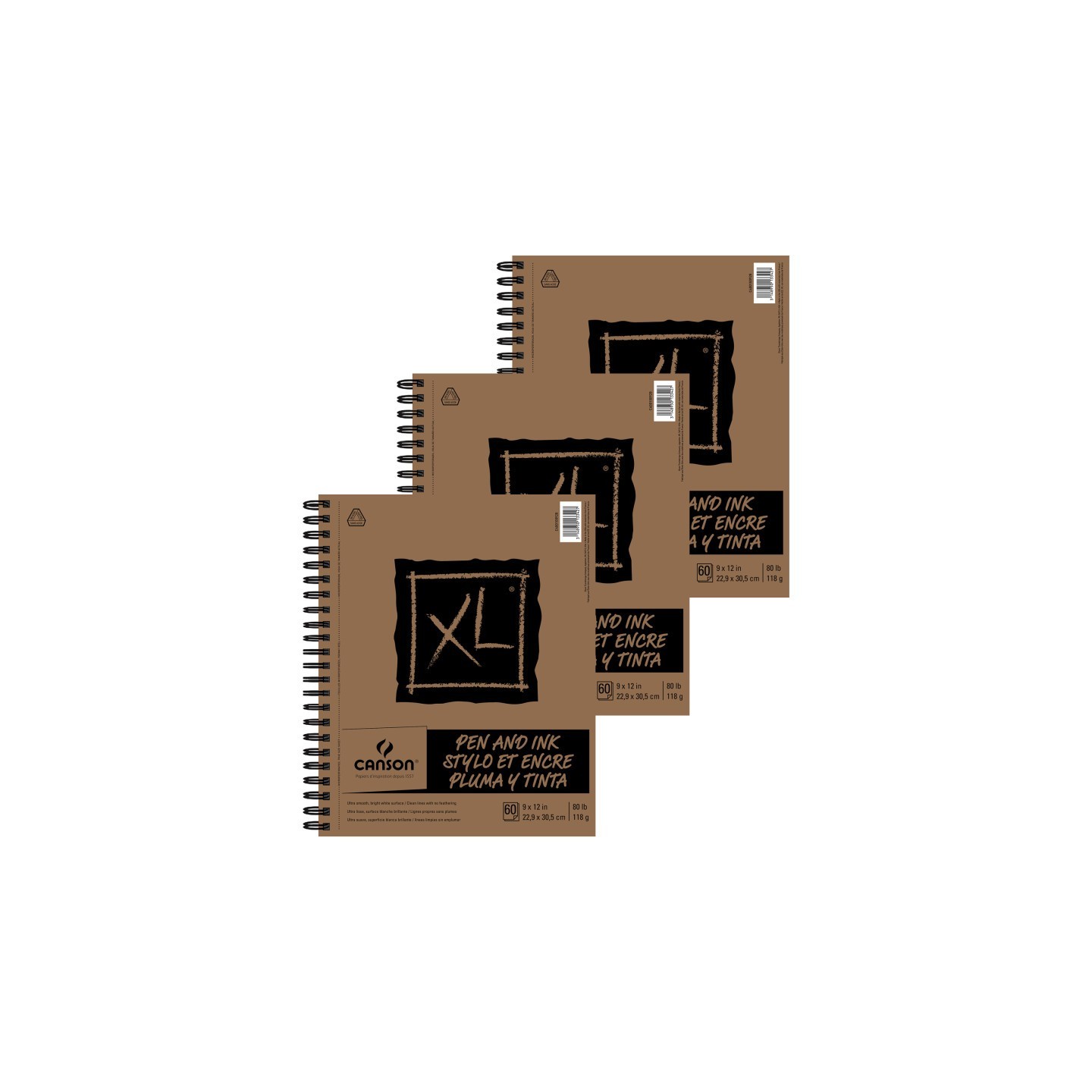 Canson XL Series Pen & Ink Pad, Side Wire Binding, 60 Sheet, 9X12 inch, Pack of 3