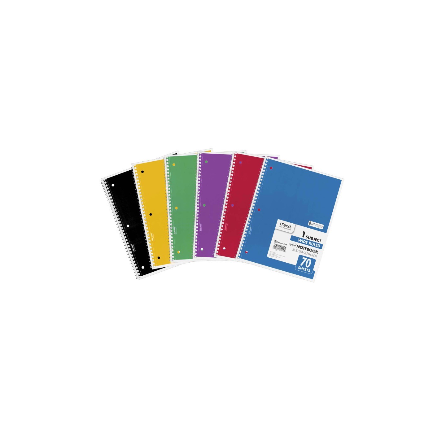 Mead® Spiral 1 Subject Notebook, Wide Ruled, 70 Sheets Per Book, Pack of 6