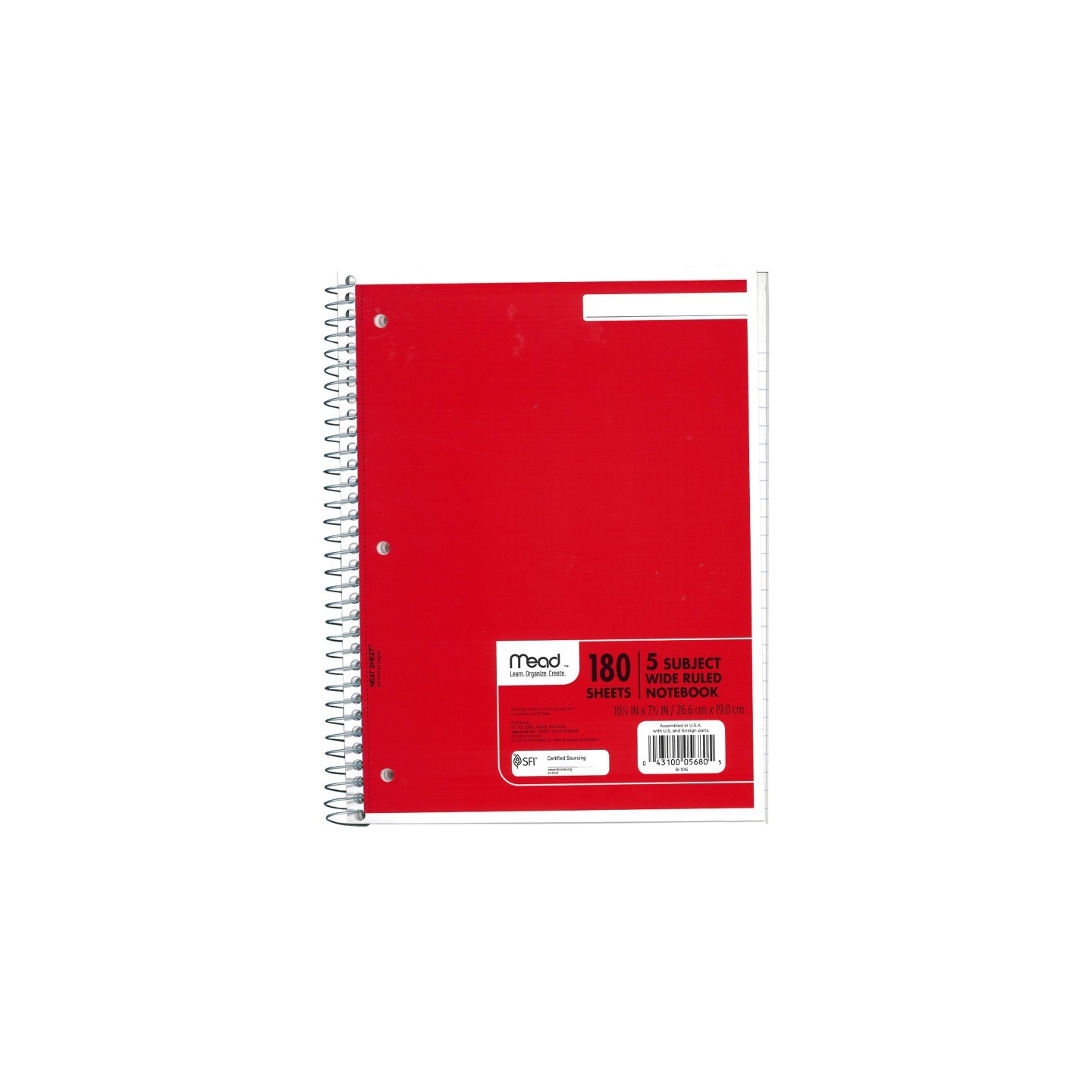 Mead® Spiral Notebook, 5 Subject, Wide Ruled Paper, 180 Sheets, 10-1/2" x 8", Assorted Colors, 1 Count
