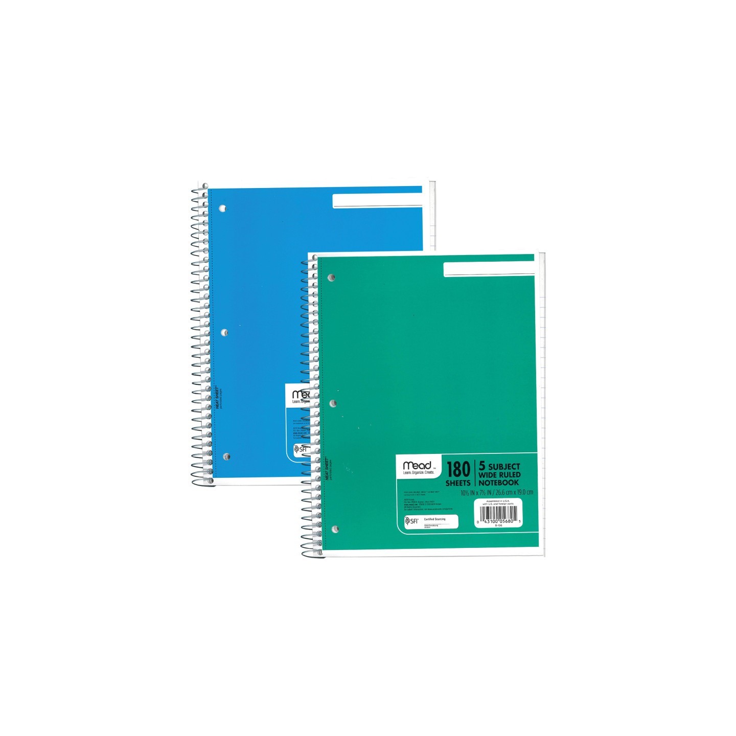 Mead® Spiral Notebook, 5 Subject, Wide Ruled Paper, 180 Sheets, 10-1/2" x 8", Assorted Colors, Pack of 2