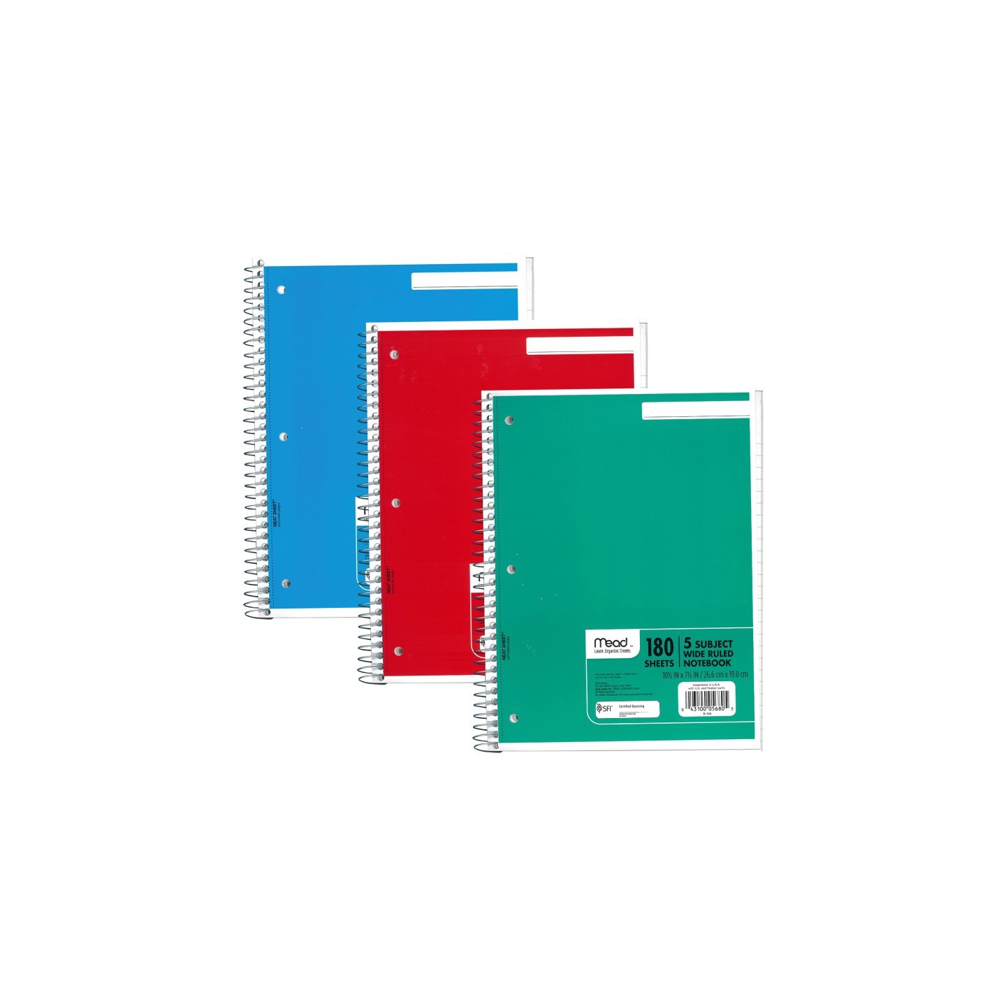 Mead® Spiral 5 Subject Notebook, Wide Ruled, 180 Sheets Per Book, Pack of 3
