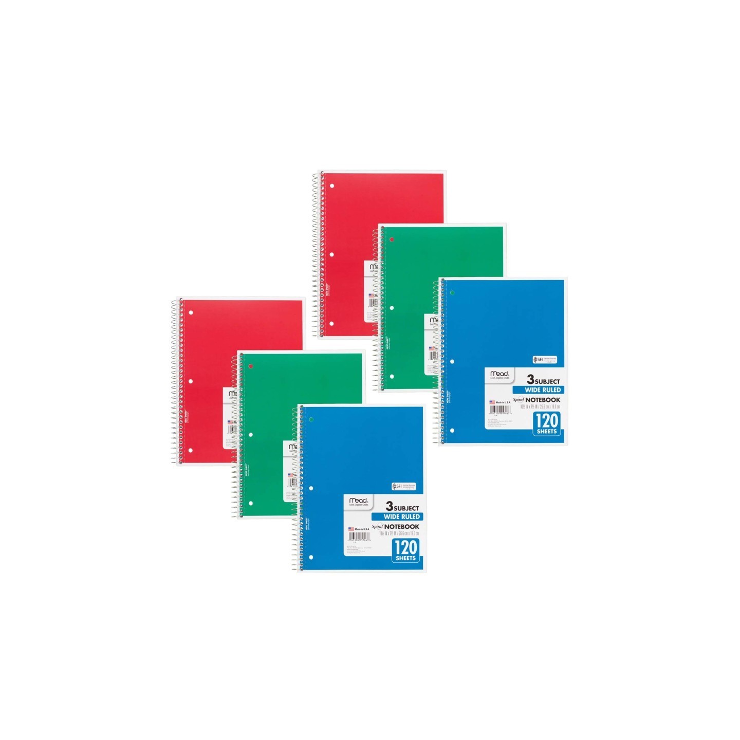 Mead® Spiral 3 Subject Notebook, Wide Ruled, 120 Sheets, Pack of 6