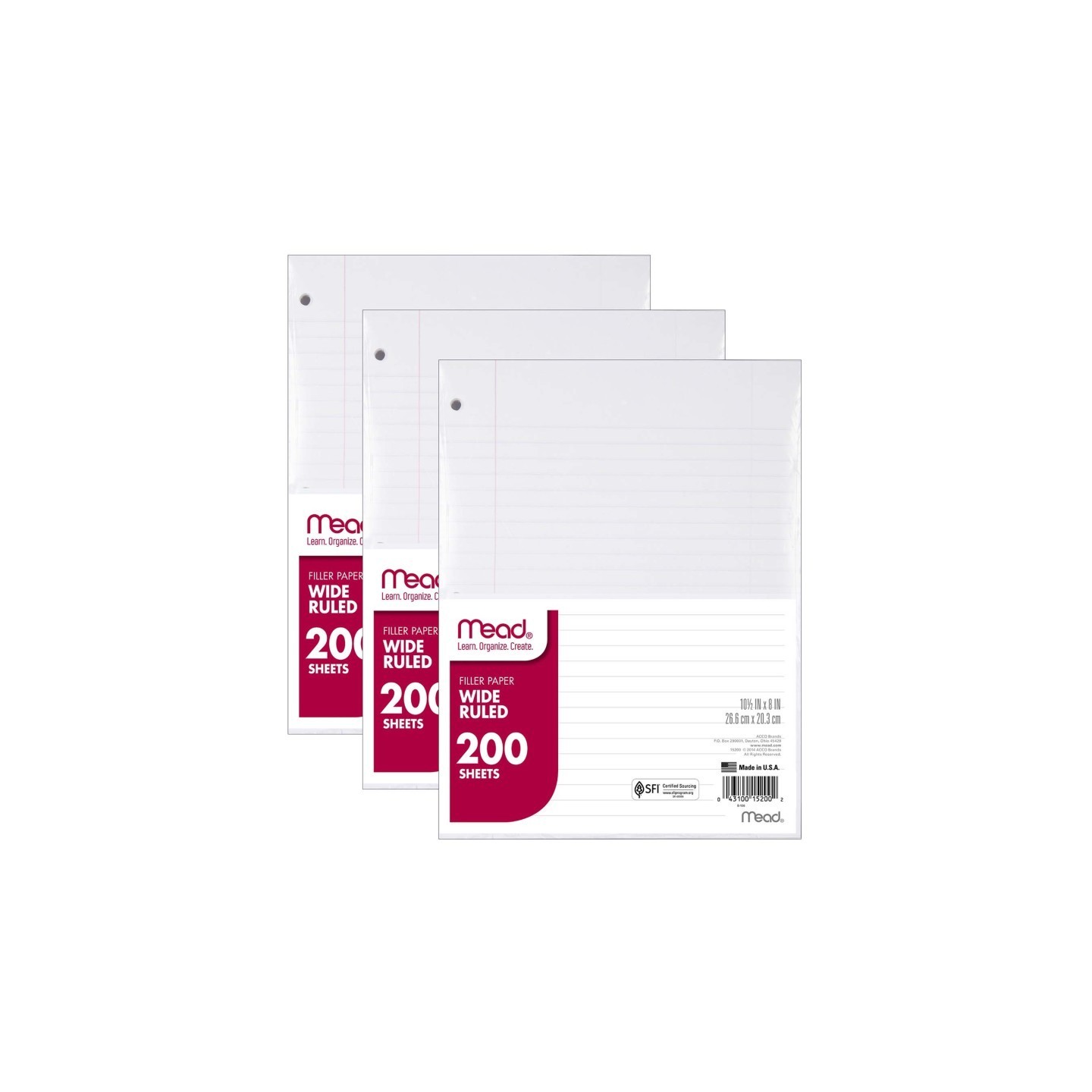 Mead® Notebook Filler Paper, Wide Ruled, 200 Sheets Per Pack, 3 Packs