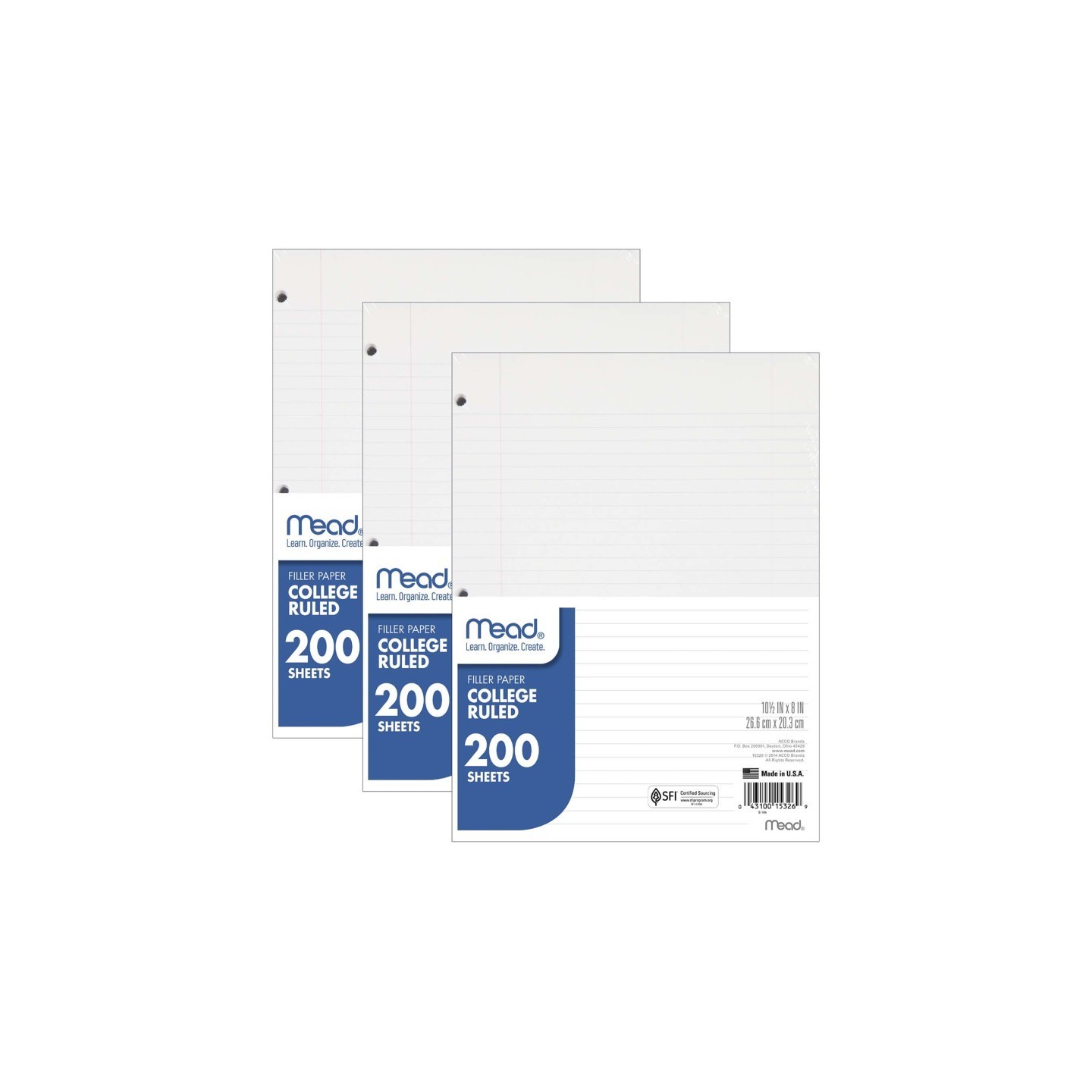 Mead® Notebook Filler Paper, College Ruled, 200 Sheets Per Pack, 3 Packs