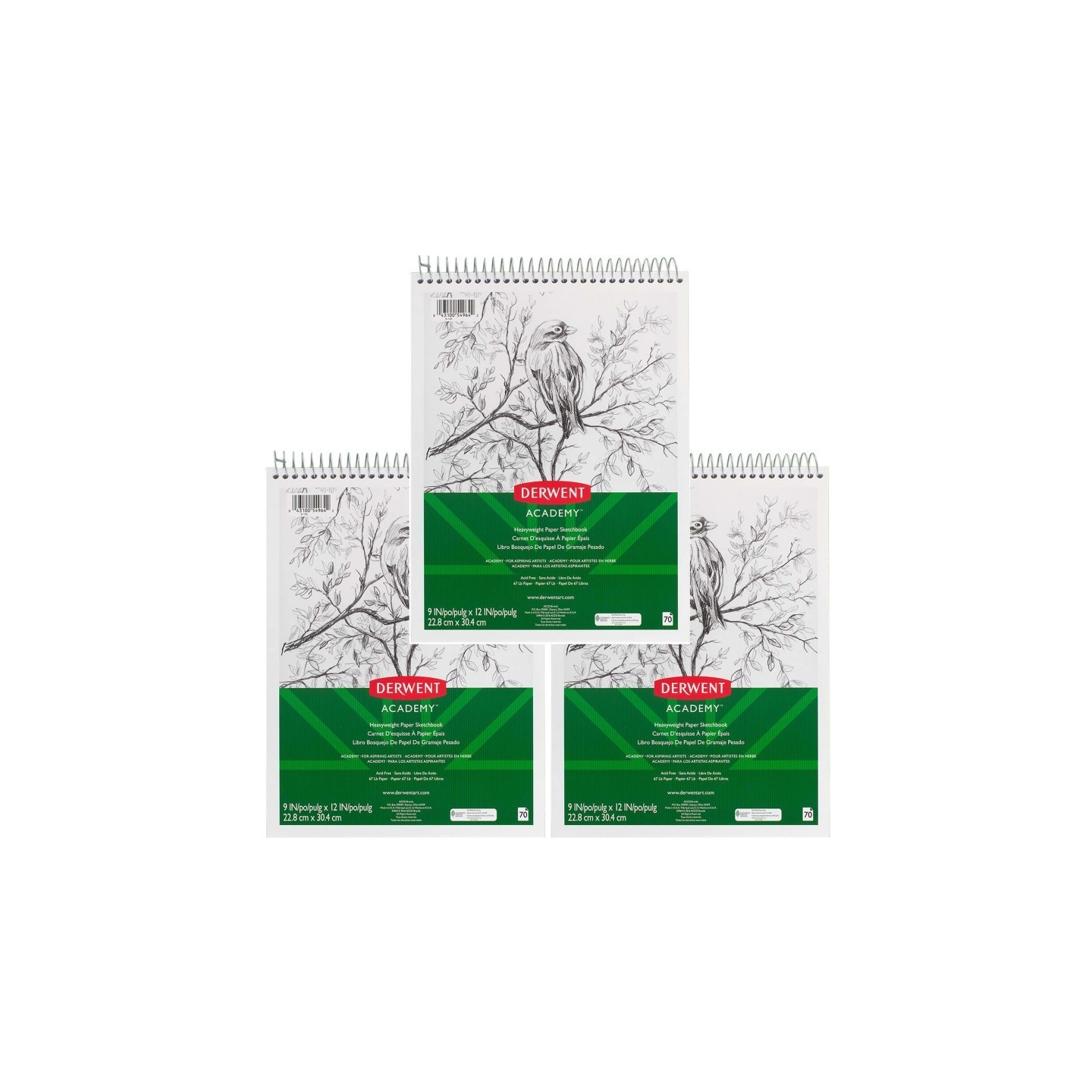 Mead® Derwent Academy™ Wirebound Sketchbook, 9" x 12", 70 Sheets, Pack of 3