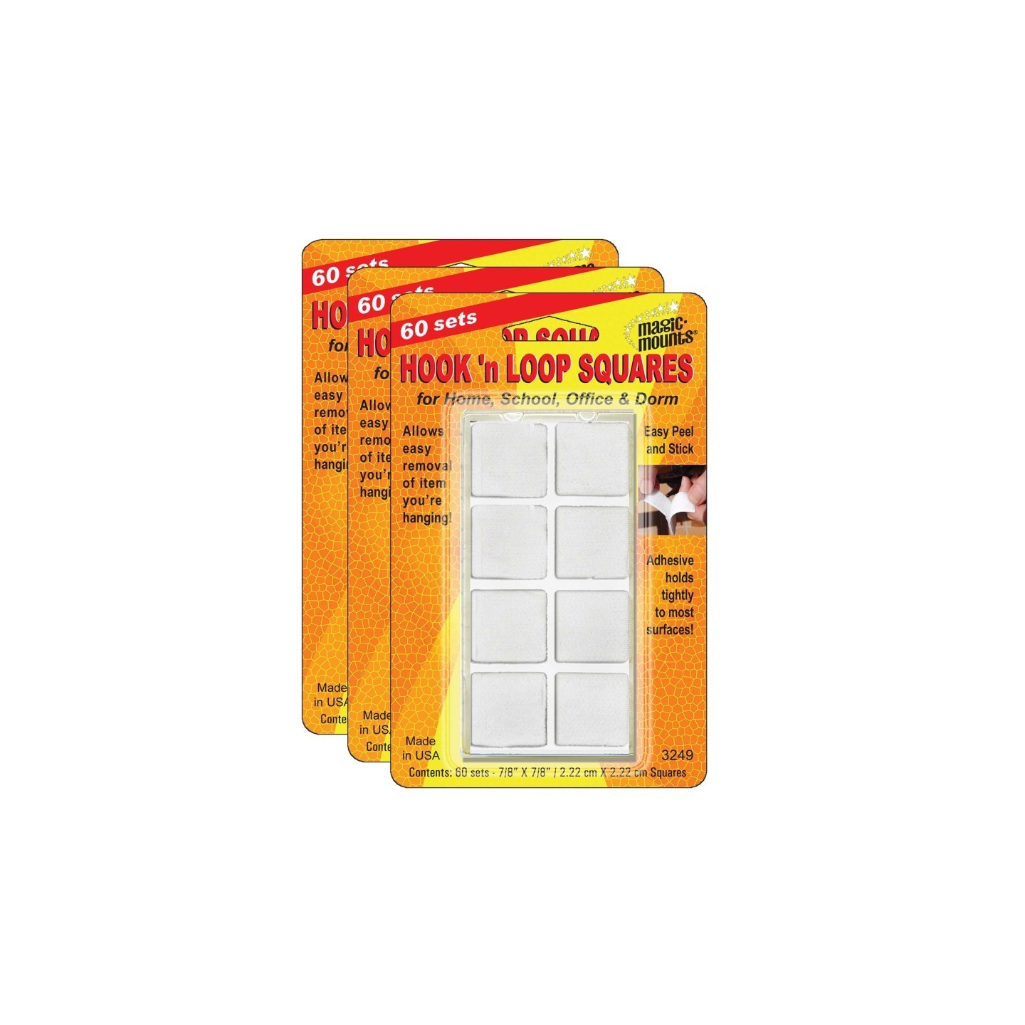 Magic-Mounts® Hook 'n Loop, 7/8" Squares, 60 Sets Per Pack, 3 Packs
