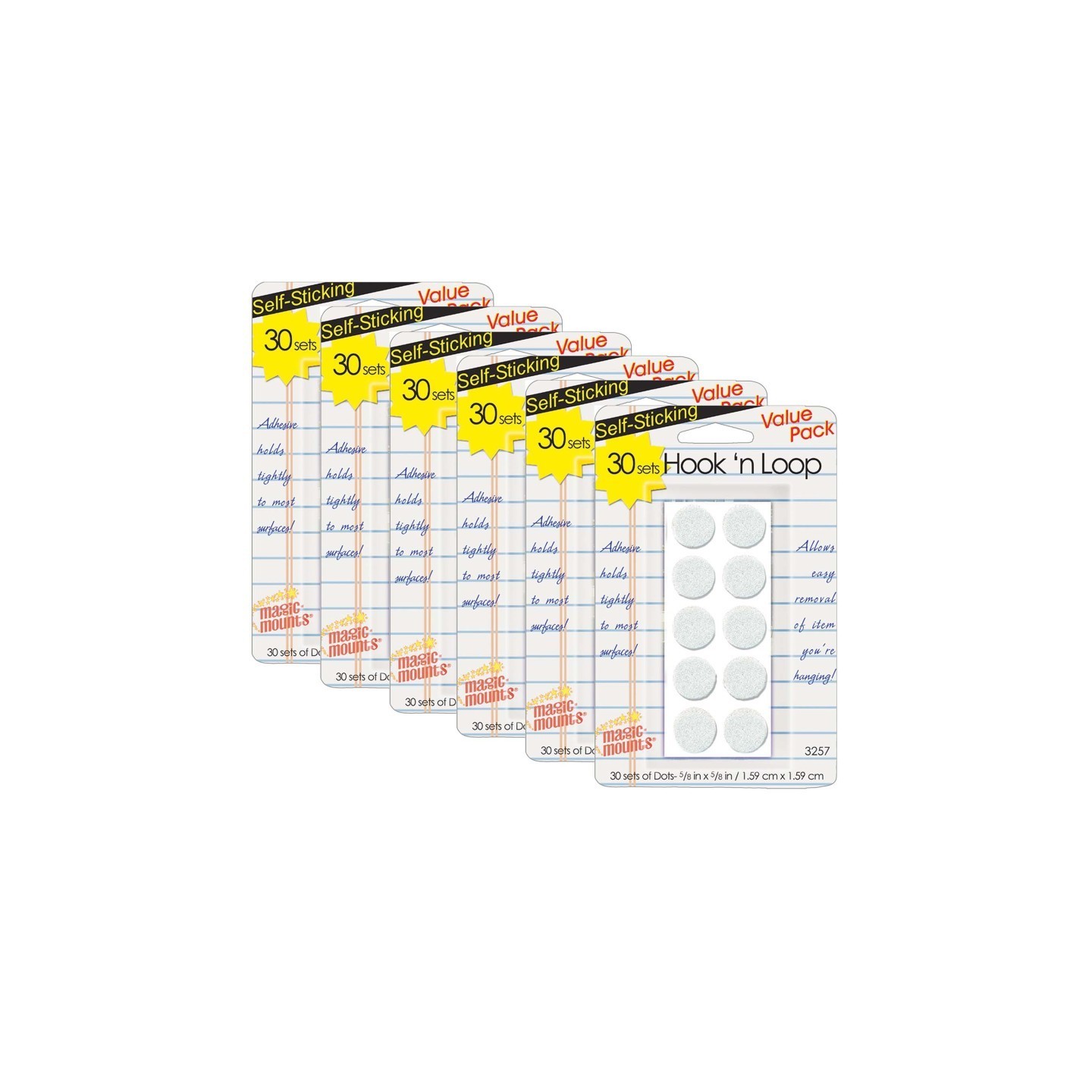 Magic-Mounts® Hook N Loop Dots, 5/8", White, 30 Per Pack, 6 Packs
