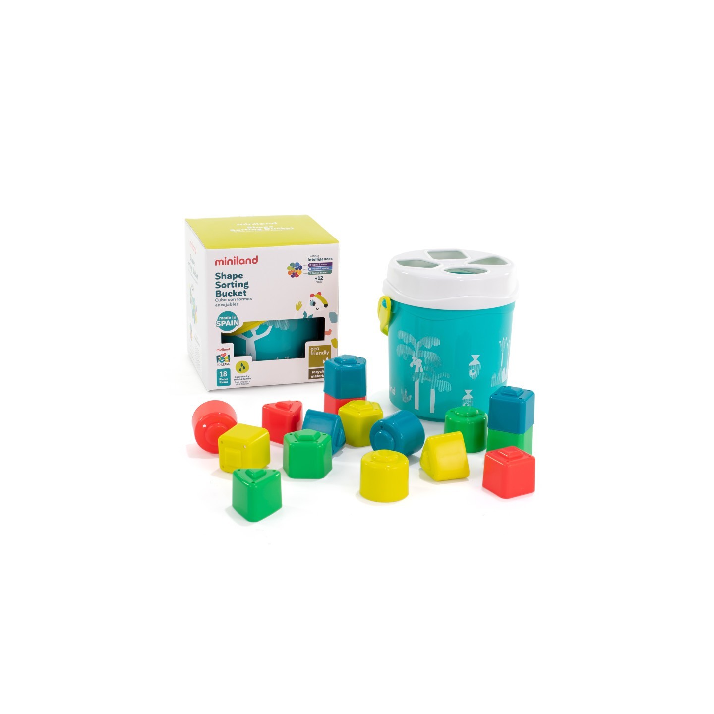 Miniland Feel to Learn: Shape Sorting Bucket, Turquoise