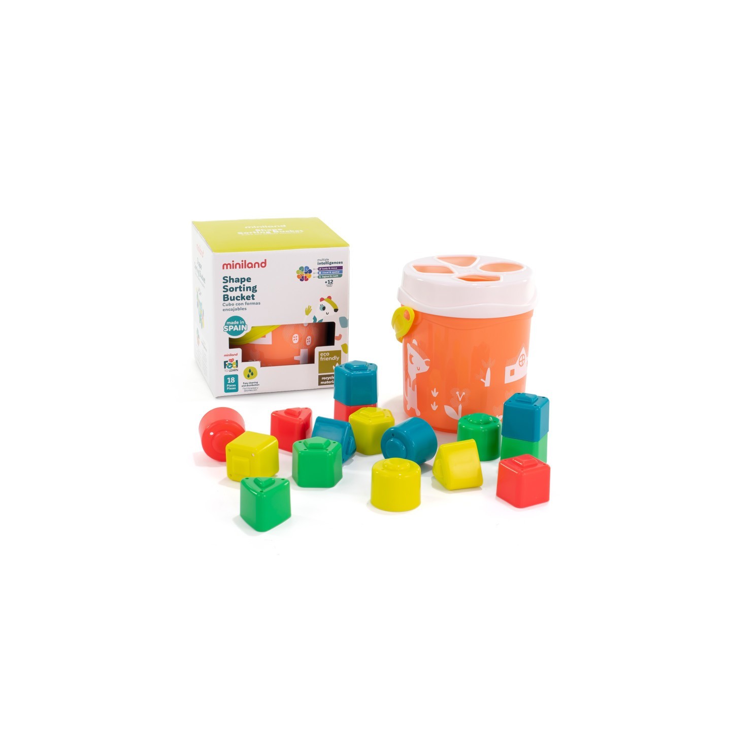 Miniland Feel to Learn: Shape Sorting Bucket, Salmon