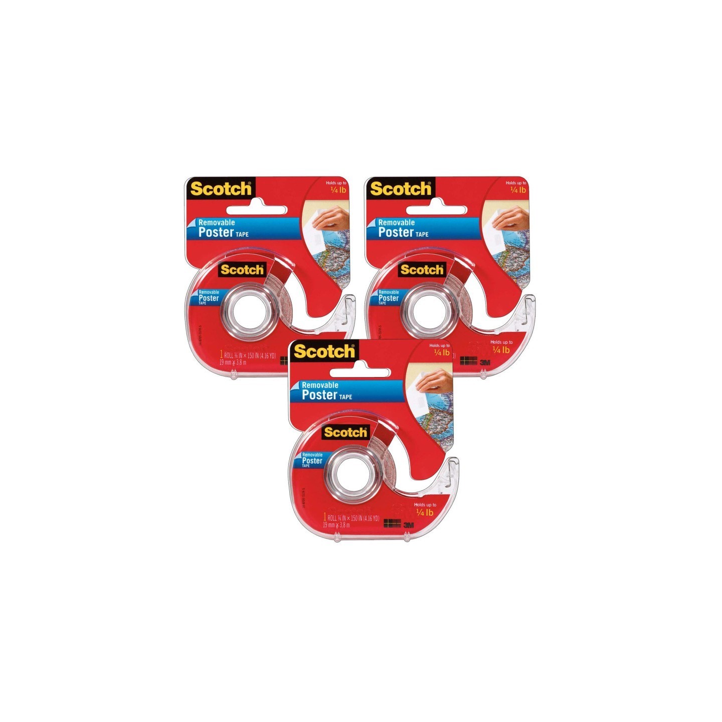 Scotch® Removable Poster Tape with Dispenser, 3/4" x 150", Clear, Pack of 3