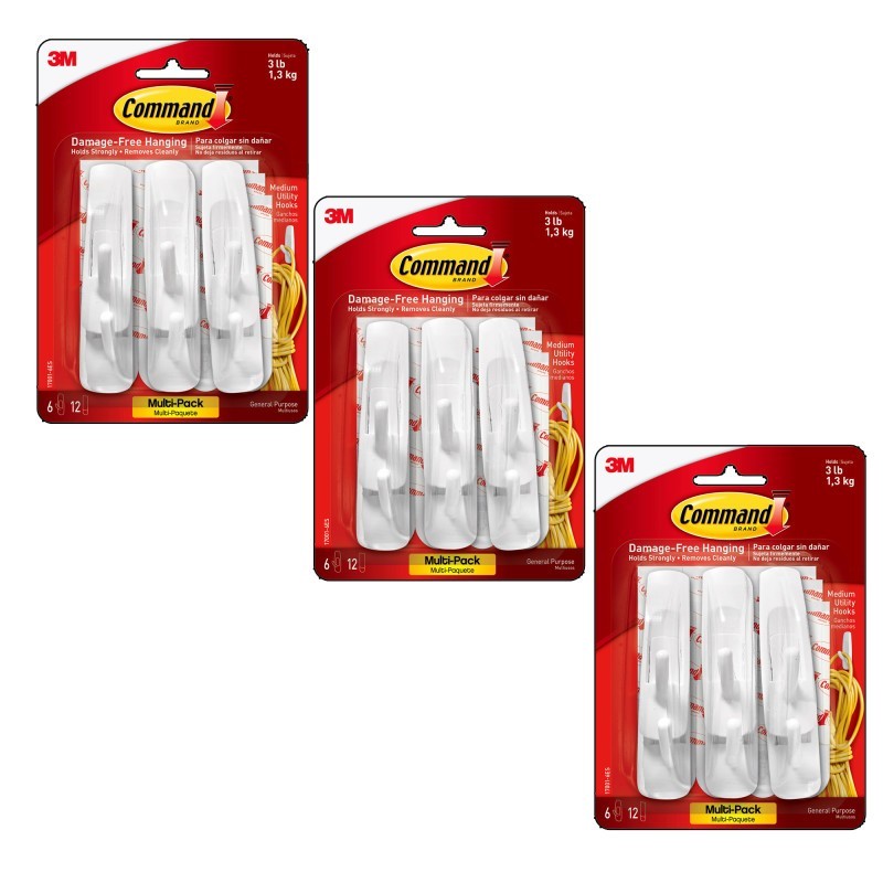 3M® Command™ Medium Utility Hooks Multi-Pack, 6 Per Pack, 3 Packs
