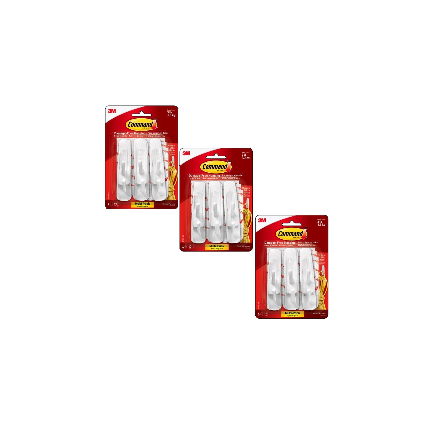 3M® Command™ Medium Utility Hooks Multi-Pack, 6 Per Pack, 3 Packs