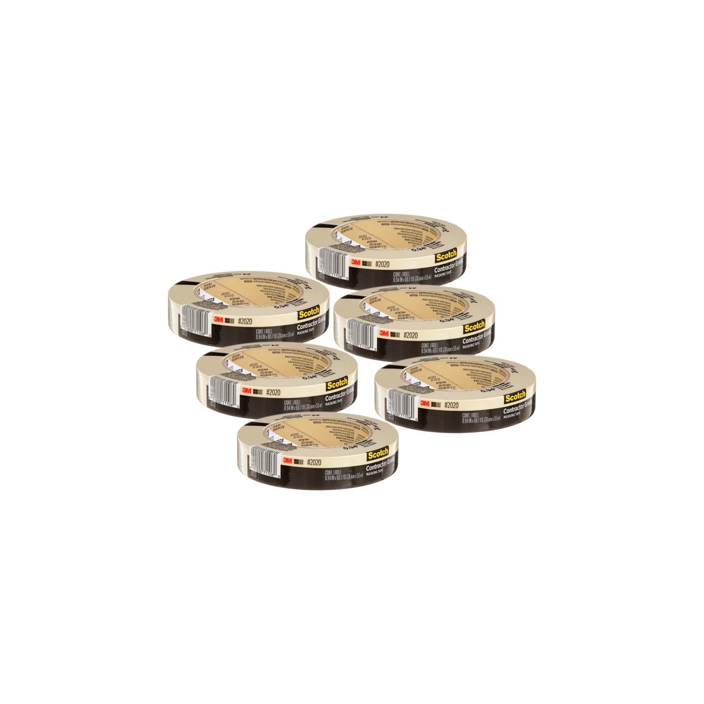 Scotch® Contractor Grade Masking Tape, 0.94 in x 60.1 yd (24mm x 55m), Pack of 6