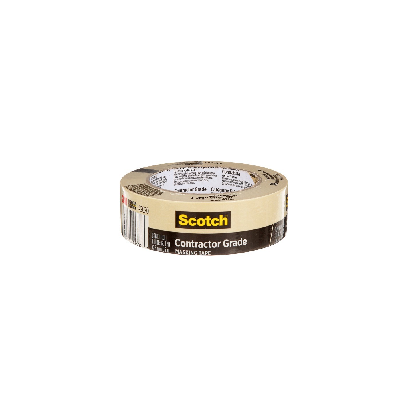 Scotch® Contractor Grade Masking Tape, 1.41 in x 60.1 yd (36mm x 55m), 1 Roll