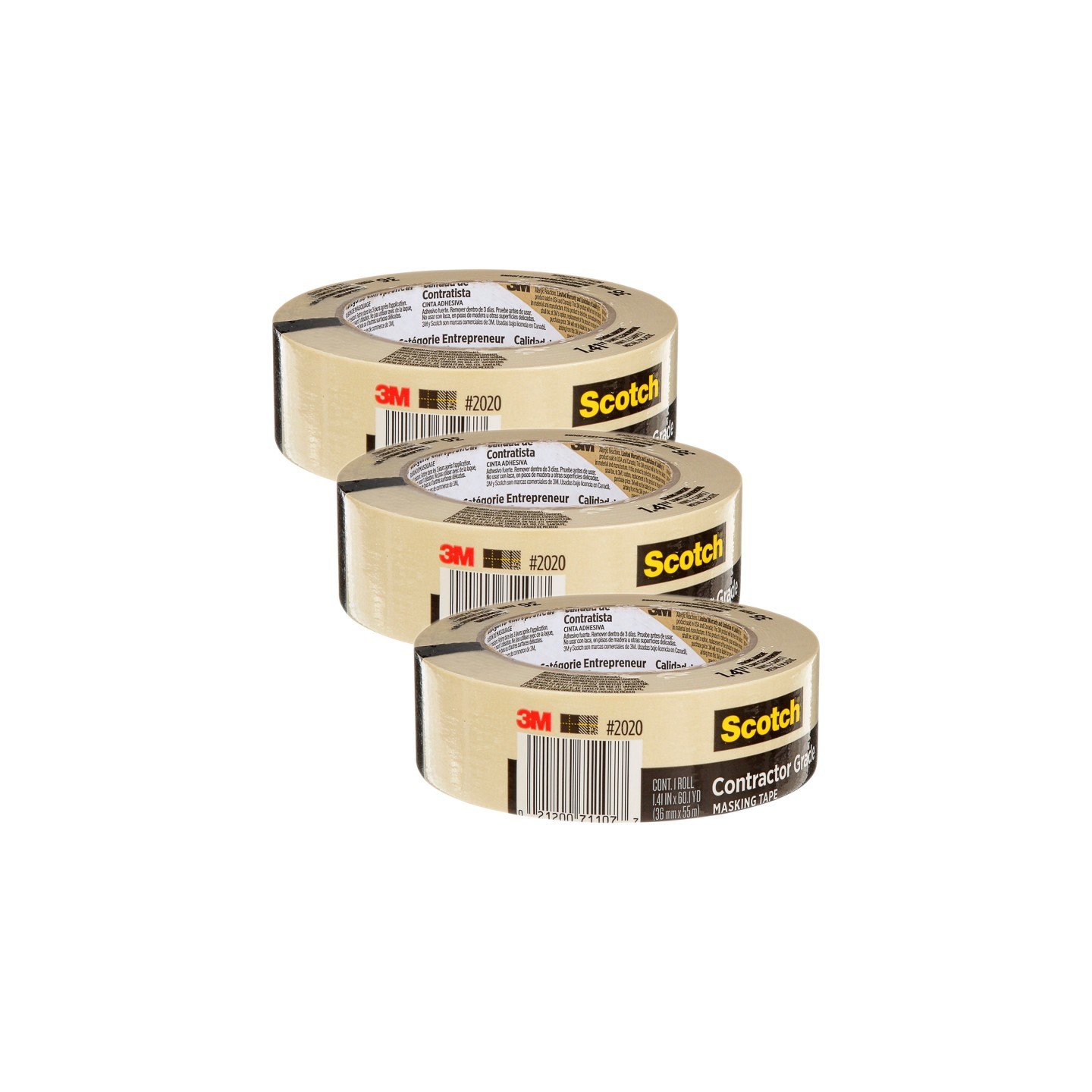 Scotch® Contractor Grade Masking Tape, 1.41 in x 60.1 yd (36mm x 55m), Pack of 3