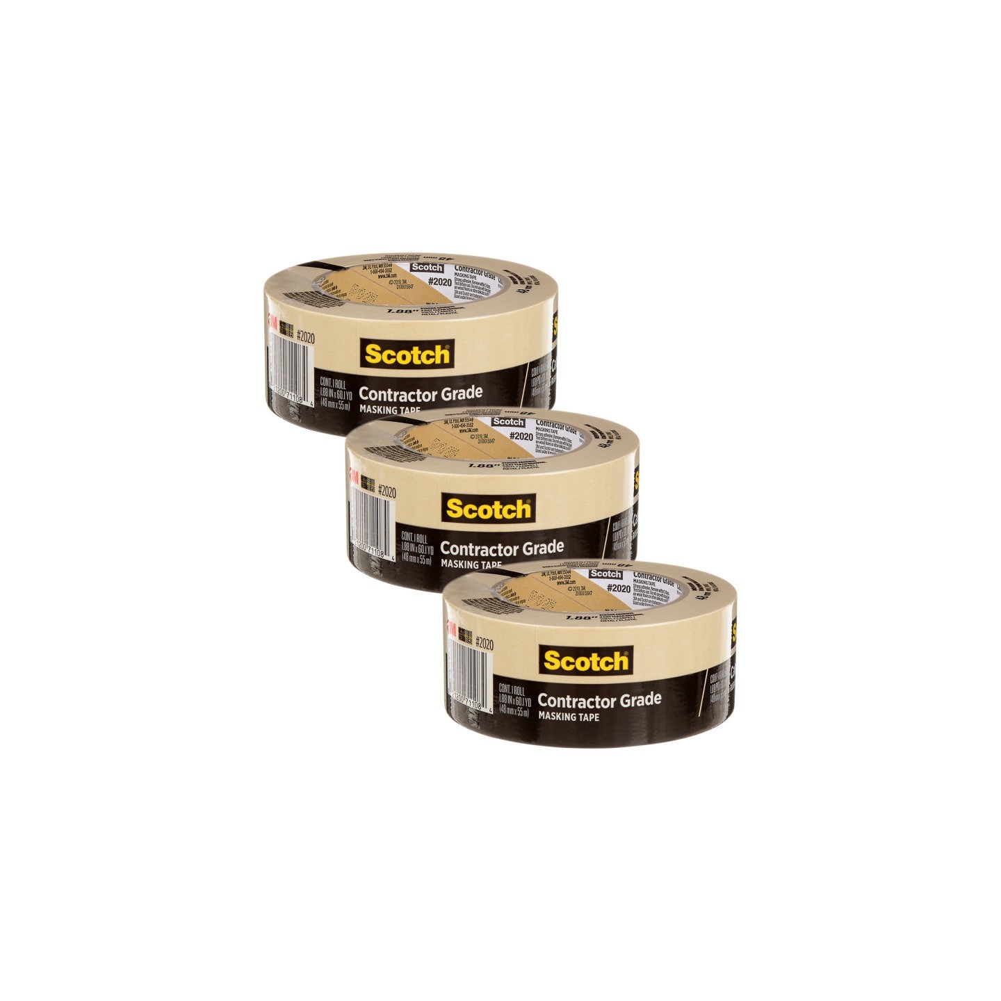 Scotch® Contractor Grade Masking Tape, 1.88 in x 60.1 yd (48mm x 55m), Pack of 3