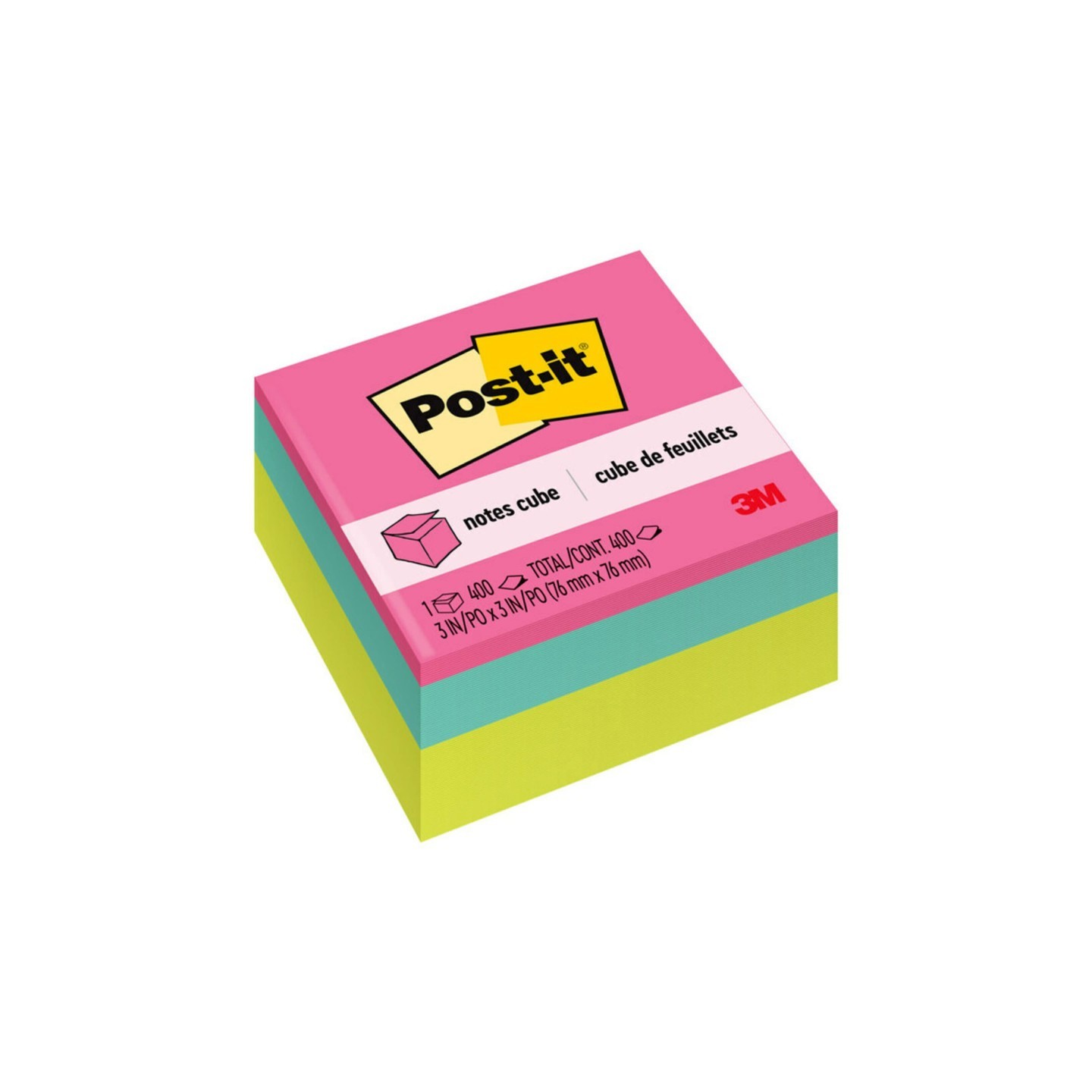 Post-it® Notes Cube, Bright Colors, 3 in. x 3 in., 400 Sheets/Cube