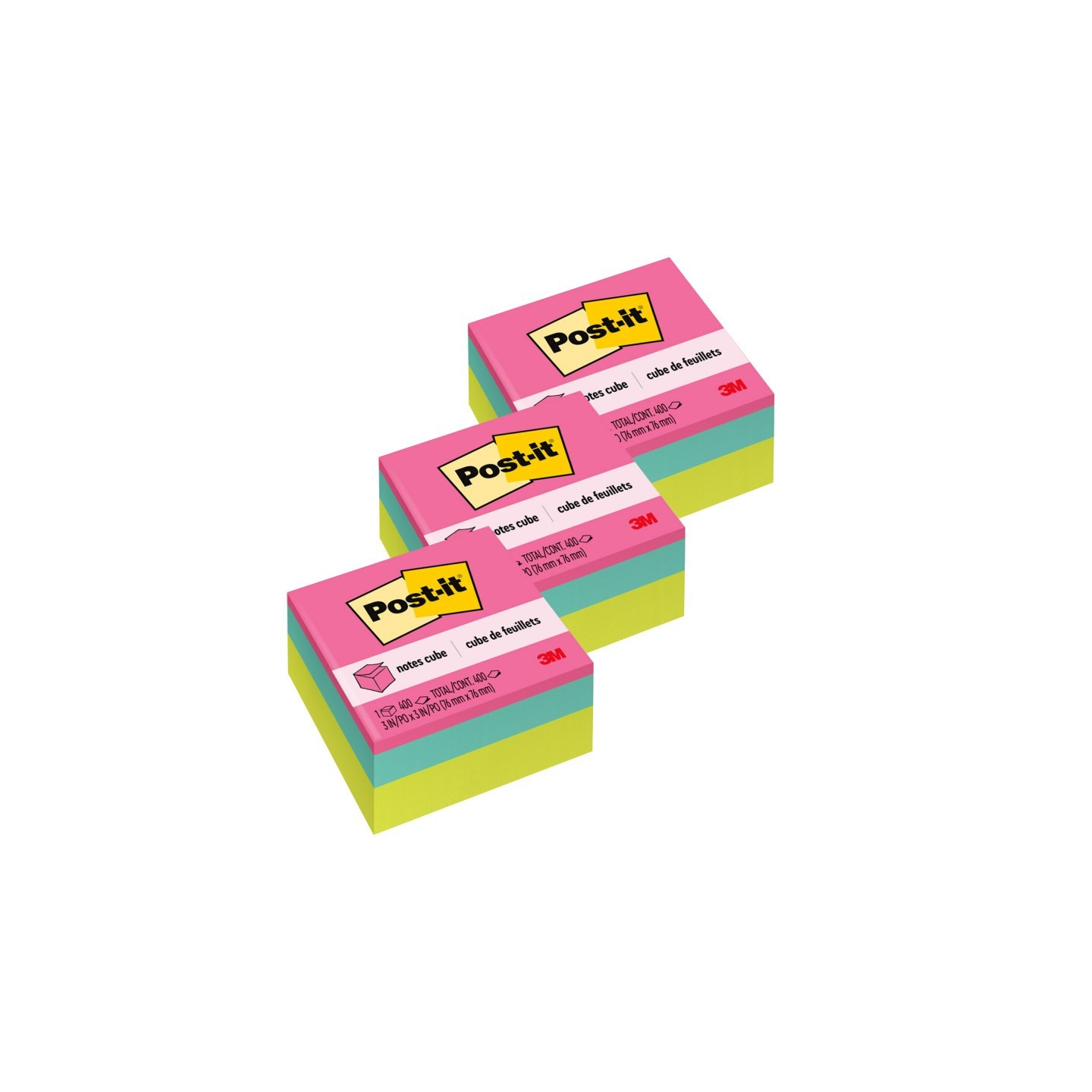 Post-it® Notes Cube, Bright Colors, 3 in. x 3 in., 400 Sheets/Cube, Pack of 3