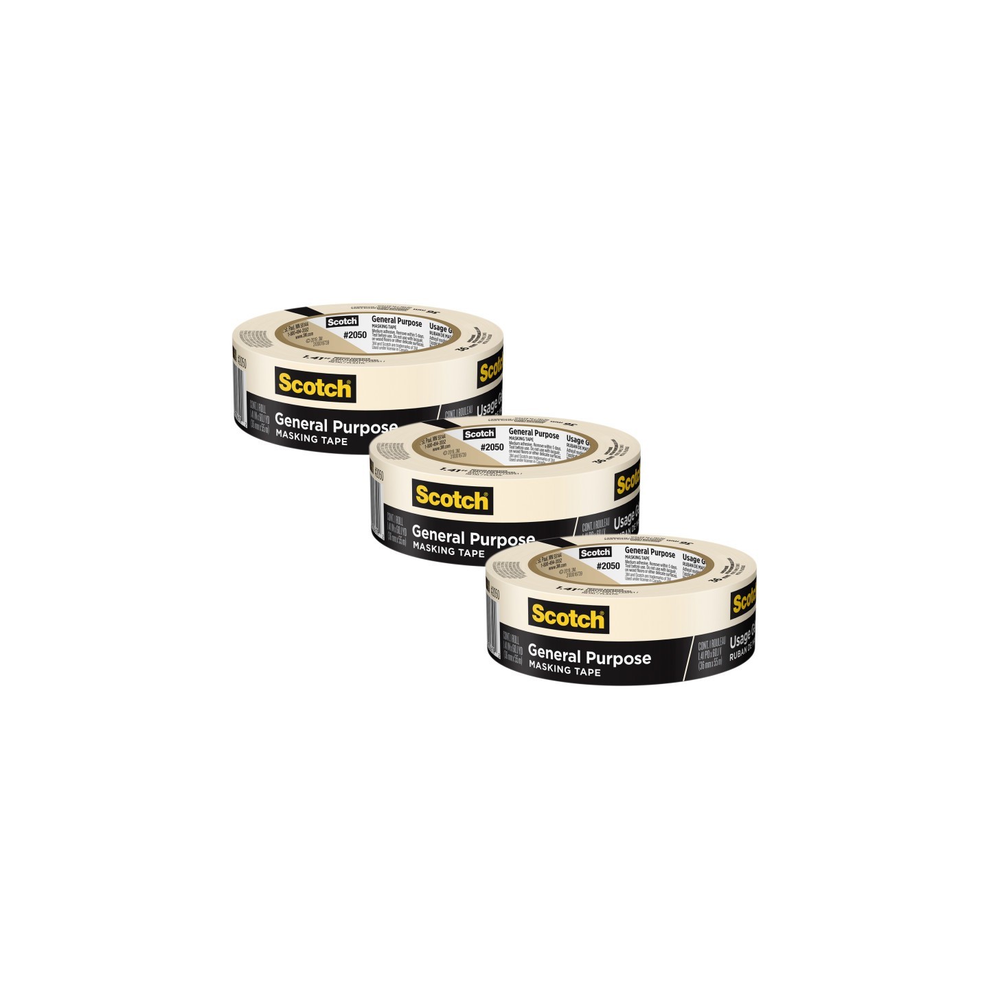 Scotch® General Purpose Masking Tape, 1.41 in x 60.1 yd (36mm x 55m), 3 Rolls