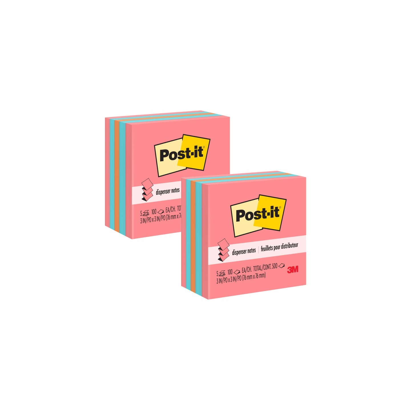 Post-it® Pop-up Notes, 3" x 3", Assorted, 100 Sheets/Pad, 5 Pads/Pack, 2 Packs