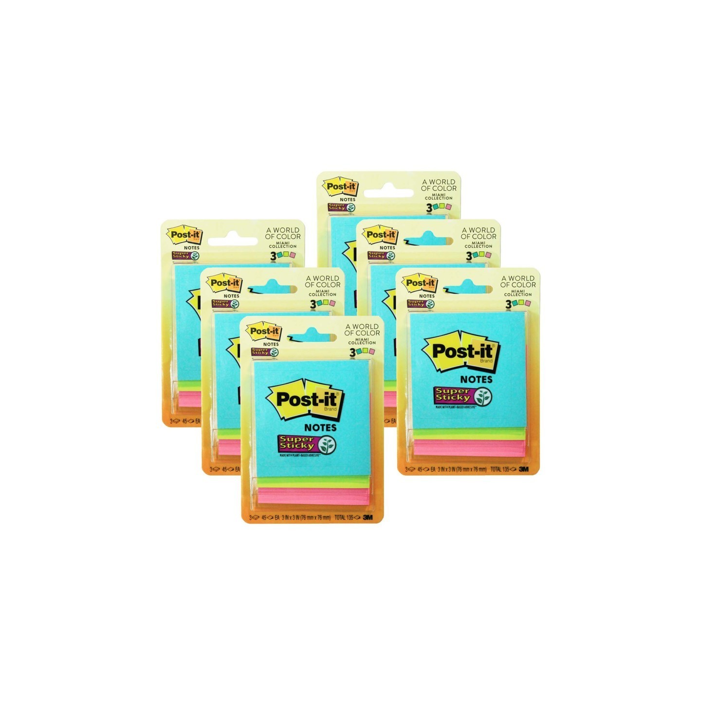Post-it® Super Sticky Notes, 3" x 3", Miami Collection, 3 Pads/Pack, 6 Packs