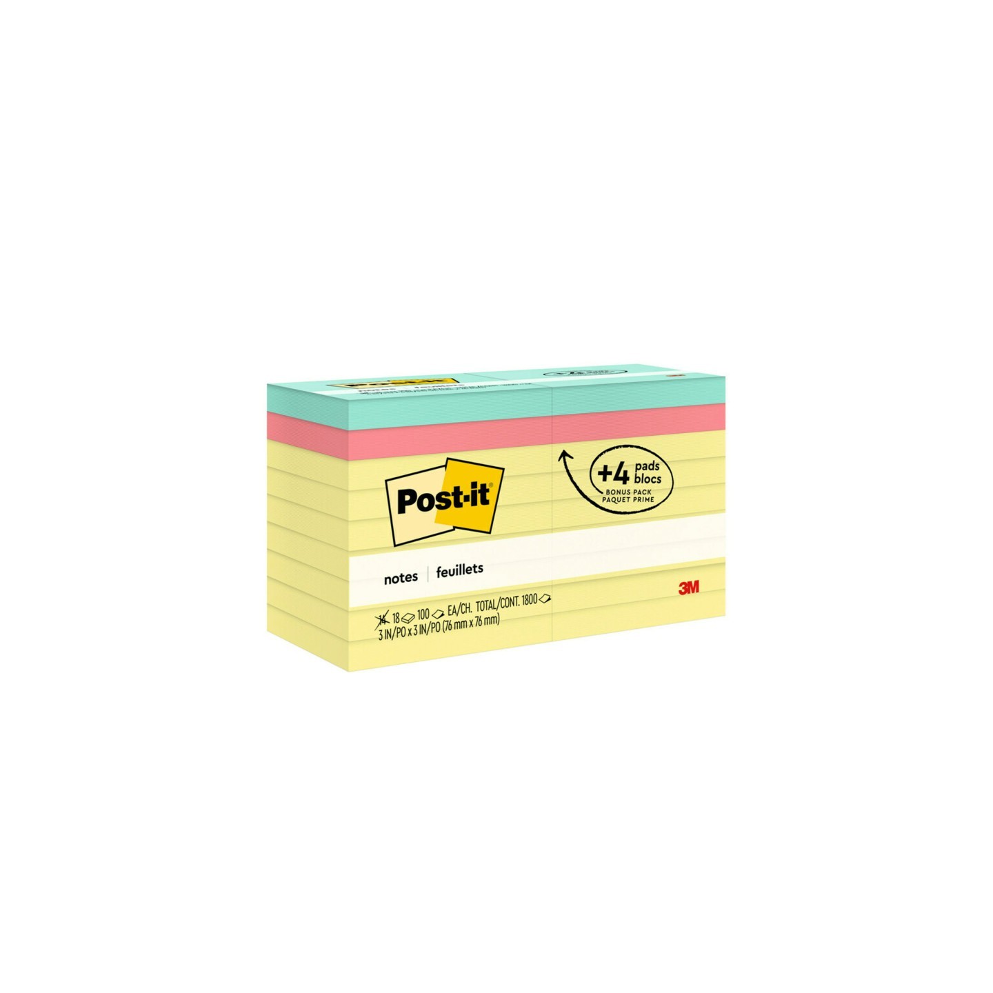 Post-it® Notes Value Pack, 3 in x 3 in, Canary Yellow, 14 Pads plus 4 Pads in Poptimistic Collection