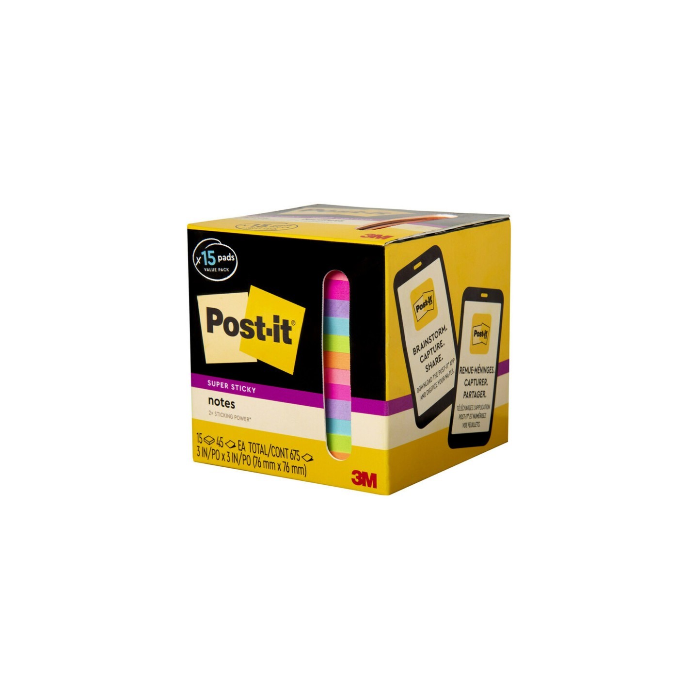 Post-it® Super Sticky Notes, 3 in. x 3 in., Assorted Bright Colors, 45 Sheets/Pad, 15 Pads/Pack
