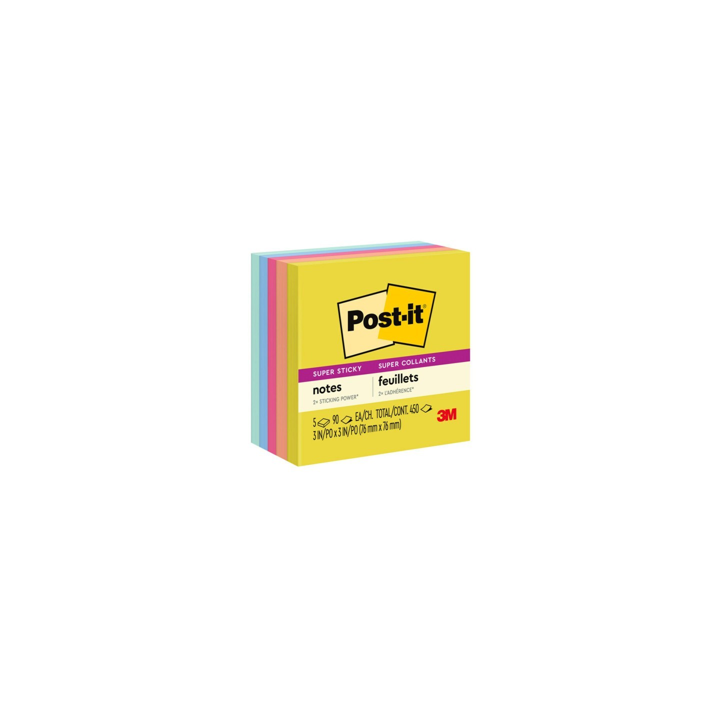 Post-it® Super Sticky Notes, 3x3 in, Summer Joy Collection, Assorted Colors, 90 Sheets/Pad, 5 Pads/Pack