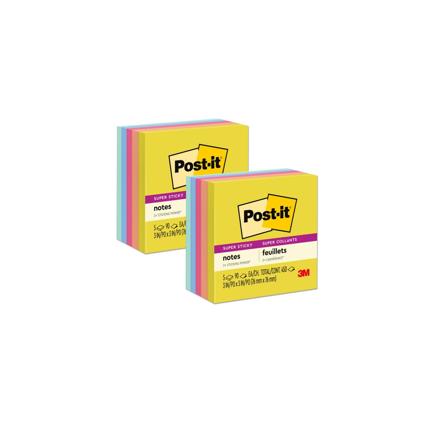 Post-it® Super Sticky Notes, 3x3 in, Summer Joy Collection, Assorted Colors, 90 Sheets/Pad, 5 Pads/Pack, 2 Packs