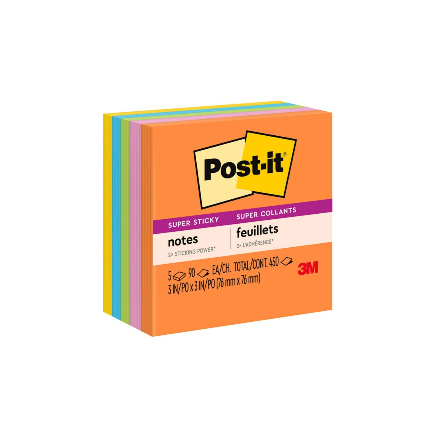 Post-it® Super Sticky Notes, 3 in x 3 in, Energy Boost Collection, 5 Pads/Pack